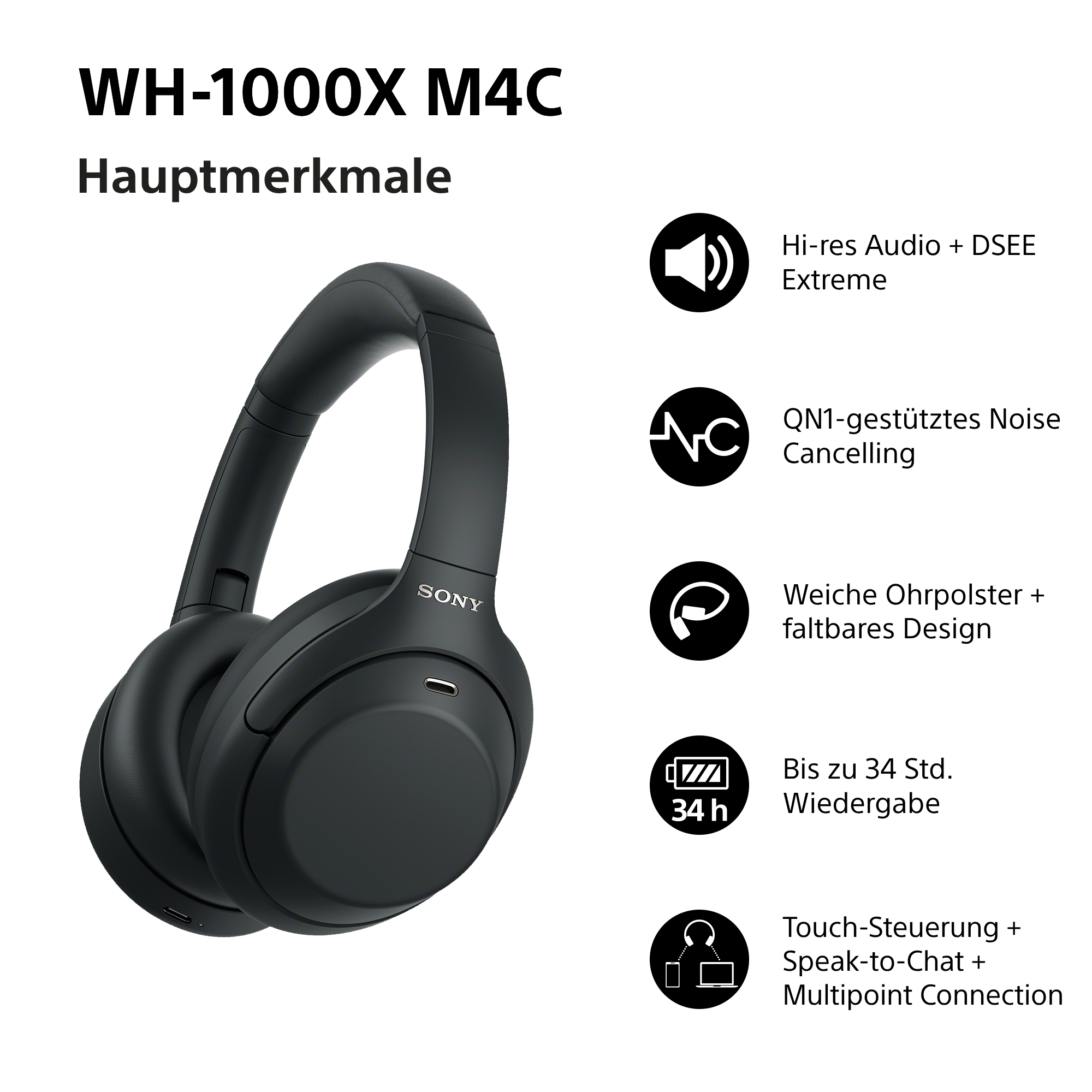 Schwarze Sony WH-1000XM4C Kopfhörer mit Icons und Texten zu Hauptmerkmalen.