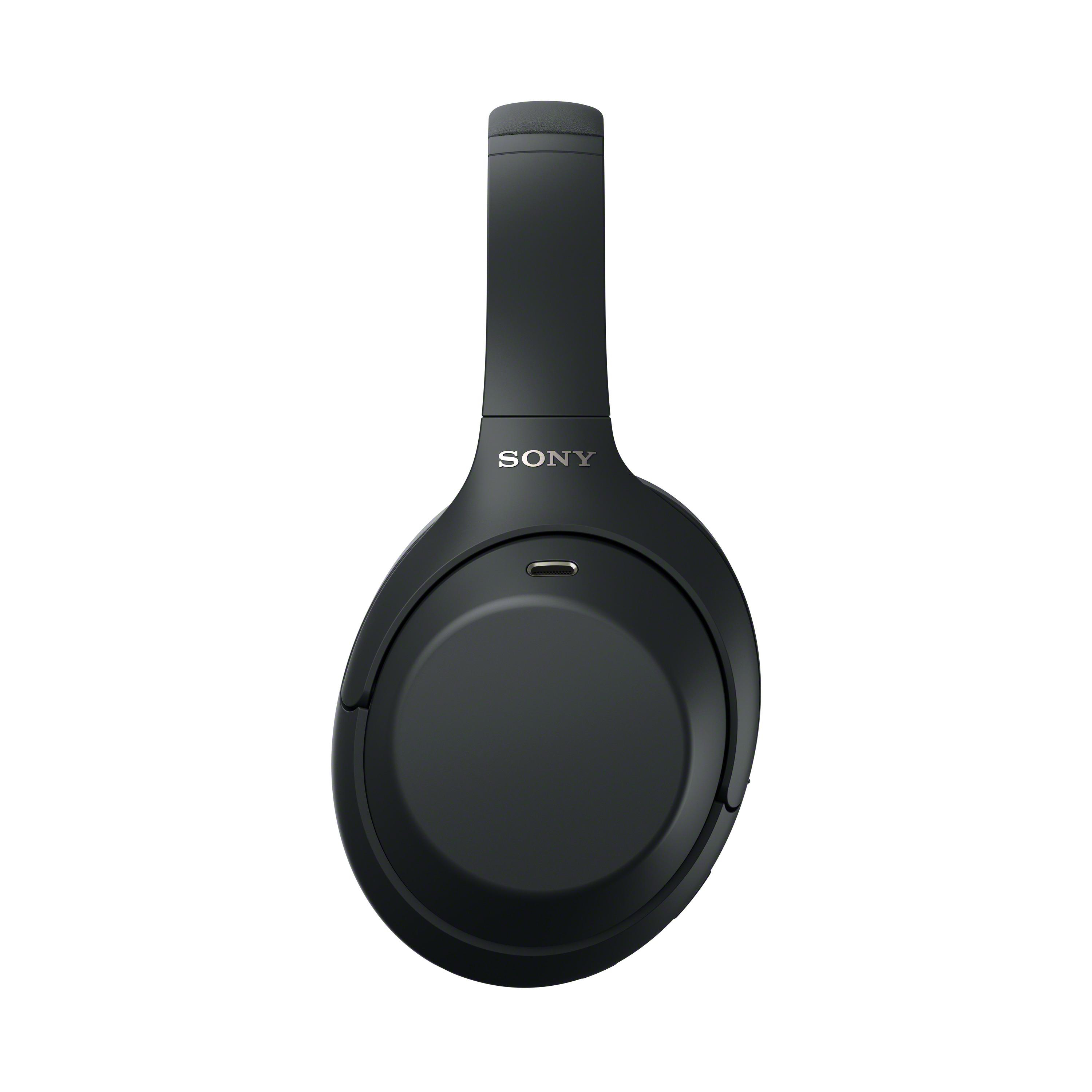 Schwarze Sony-Over-Ear-Kopfhörer mit silbernem Logo vor weißem Hintergrund.