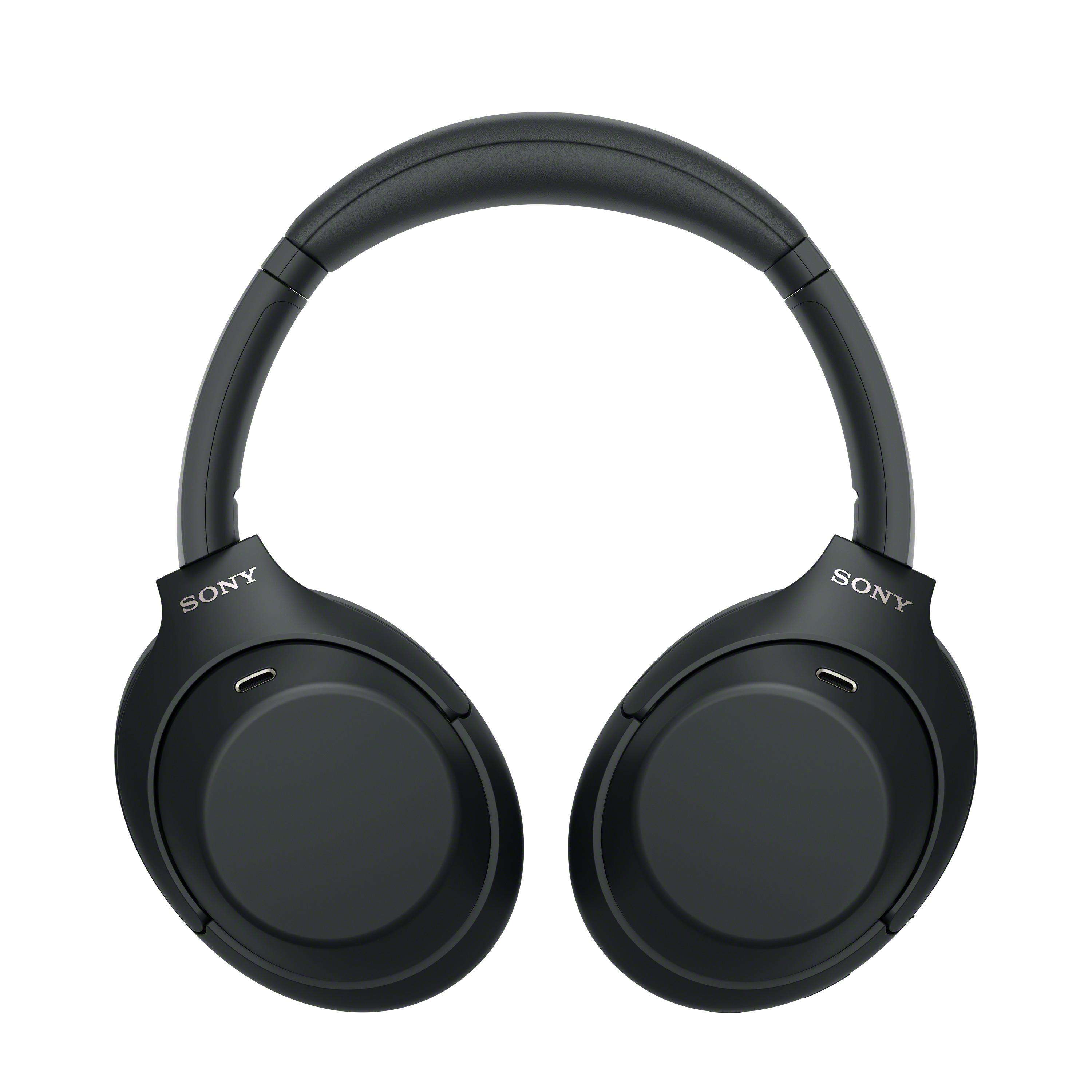 Schwarze kabellose Sony-Over-Ear-Kopfhörer vor weißem Hintergrund.