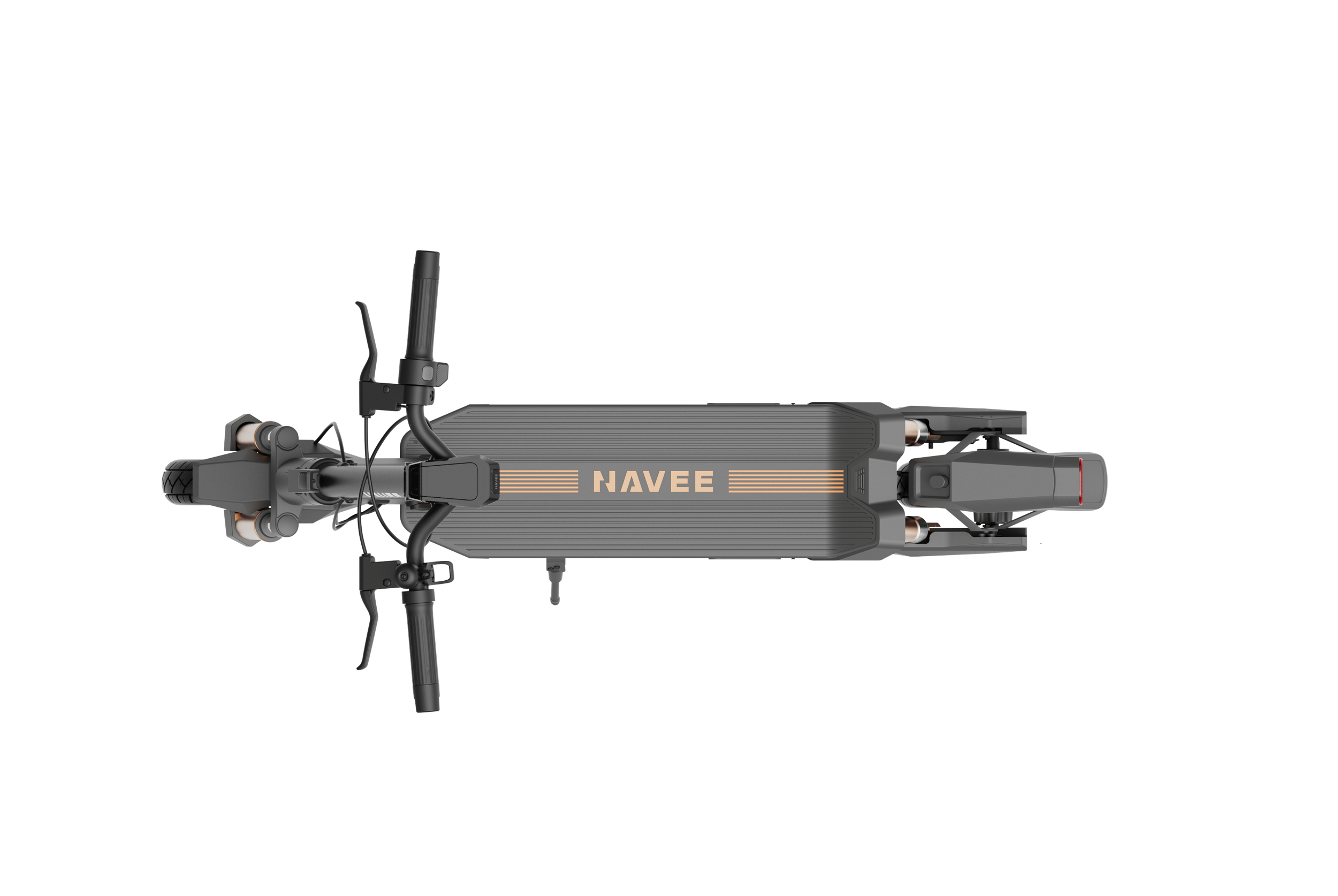 Draufsicht auf einen schwarzen Elektroroller mit der Aufschrift NAVEE auf dem Trittbrett auf weiem Hintergrund.