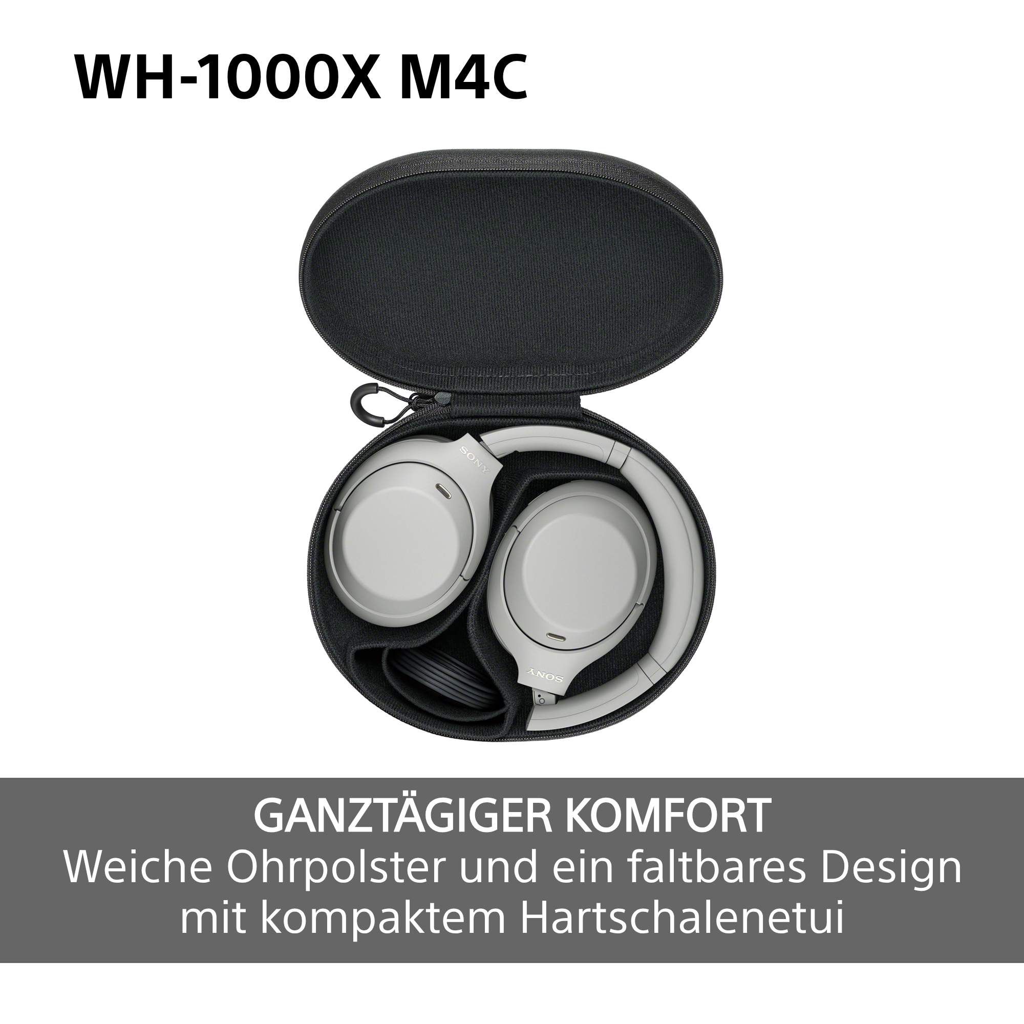 Graue Sony WH-1000XM4 Kopfhörer gefaltet in einem offenen schwarzen Hartschalenetui.