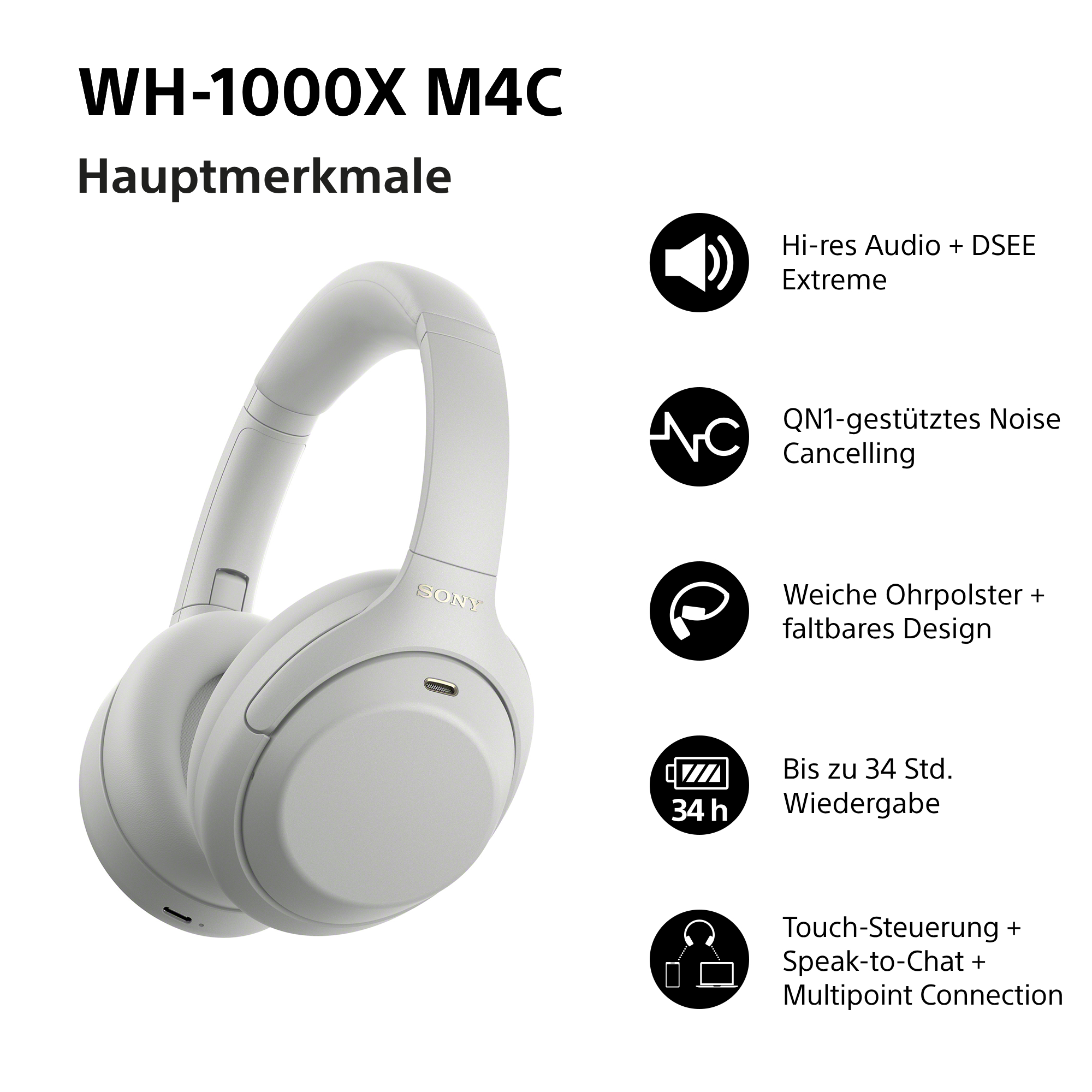 Sony WH-1000XM4C Kopfhörer in Weiß mit Key-Features als Icon-Liste.
