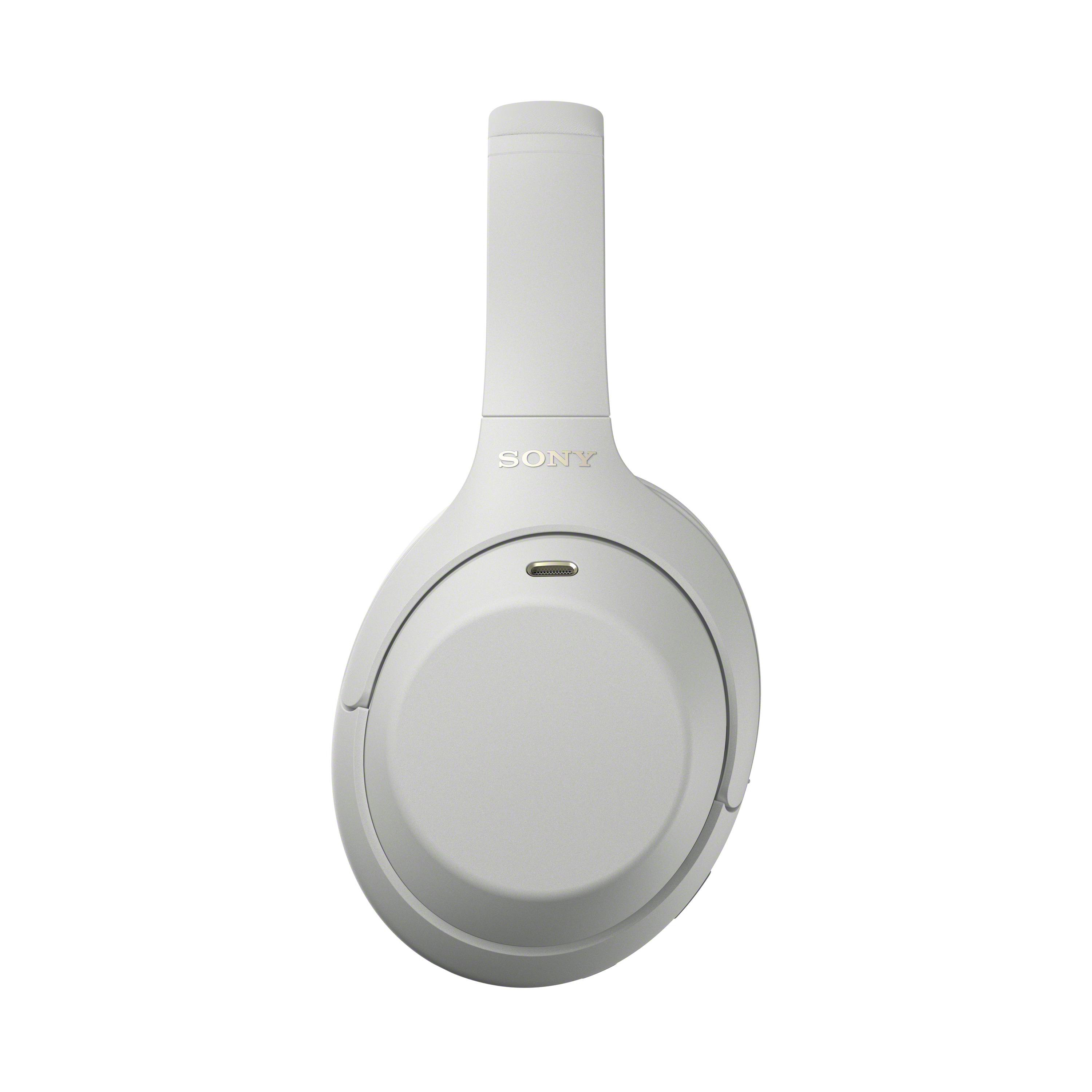 Graue Sony-Over-Ear-Kopfhörer mit USB-C-Anschluss auf weißem Hintergrund.