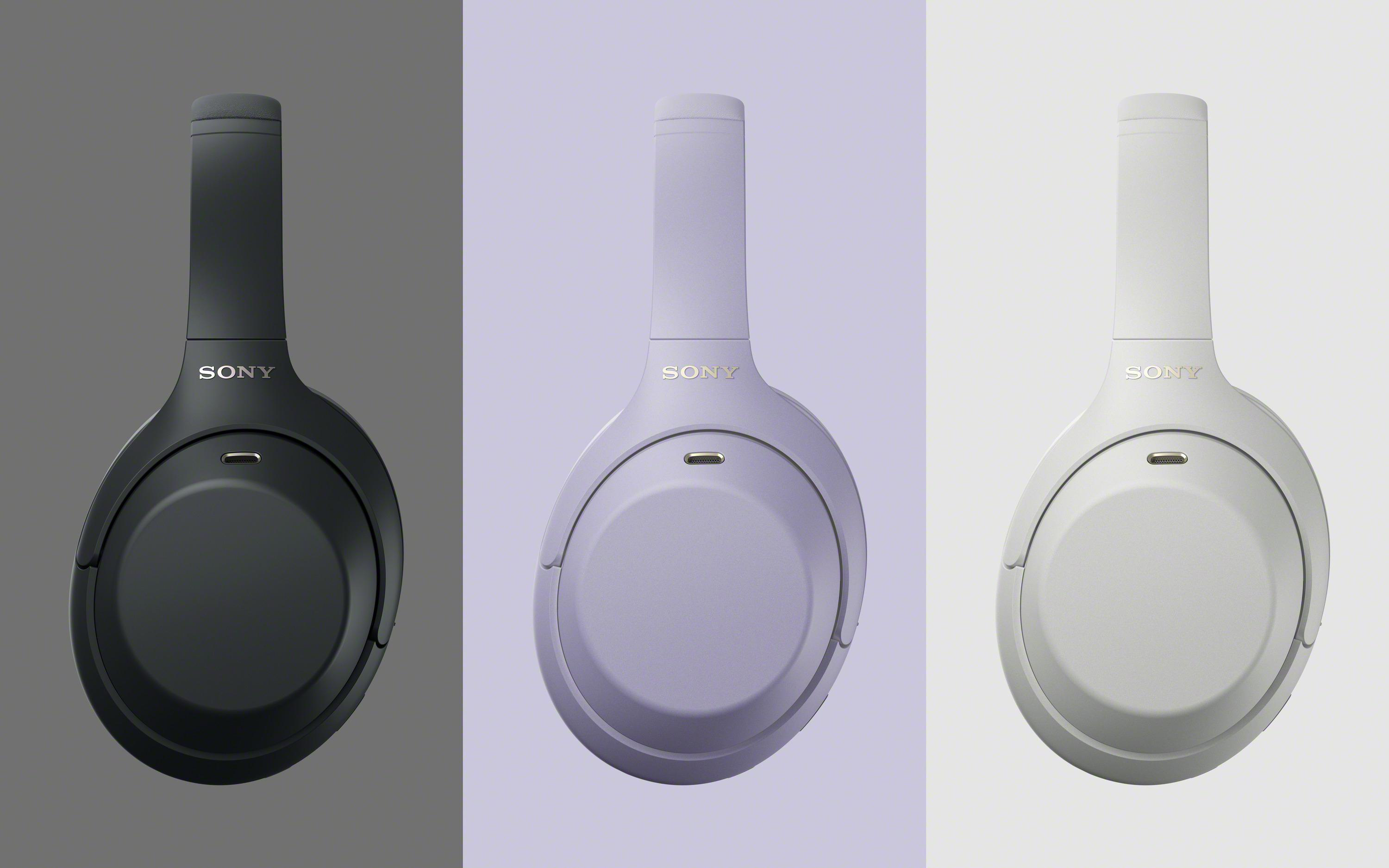 Drei Sony-Over-Ear-Kopfhörer in Schwarz, Hellviolett und Weiß vor passenden Hintergründen.