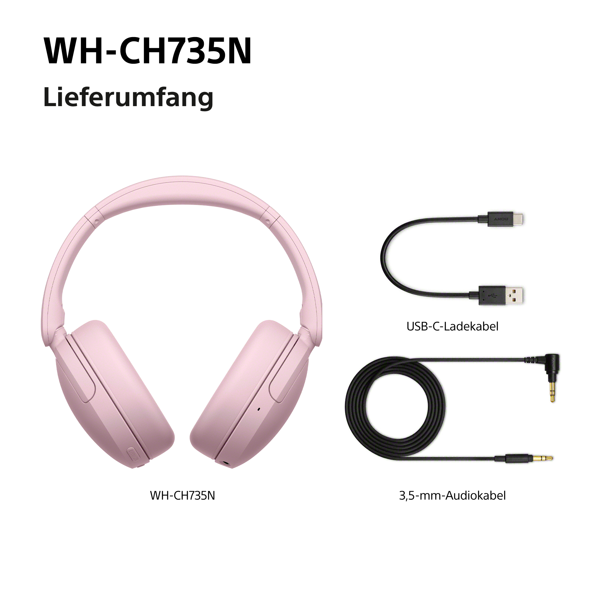 Rosa WH-CH735N Kopfhörer mit USB-C- und 3,5-mm-Audiokabel.