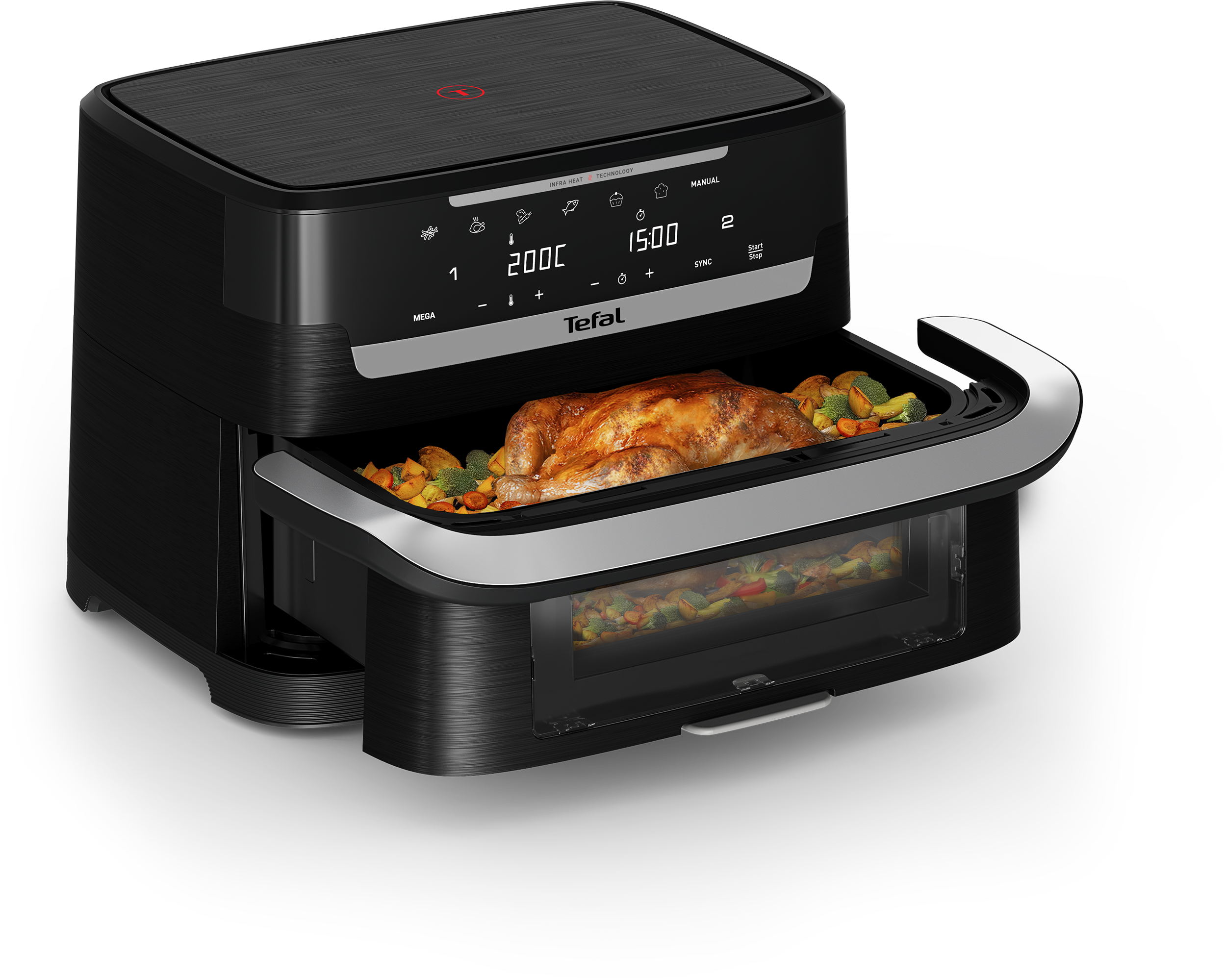 Egy fekete Tefal légkeveréses sütő digitális kijelzővel, sült csirkével és zöldségekkel a nyitott fiókban.