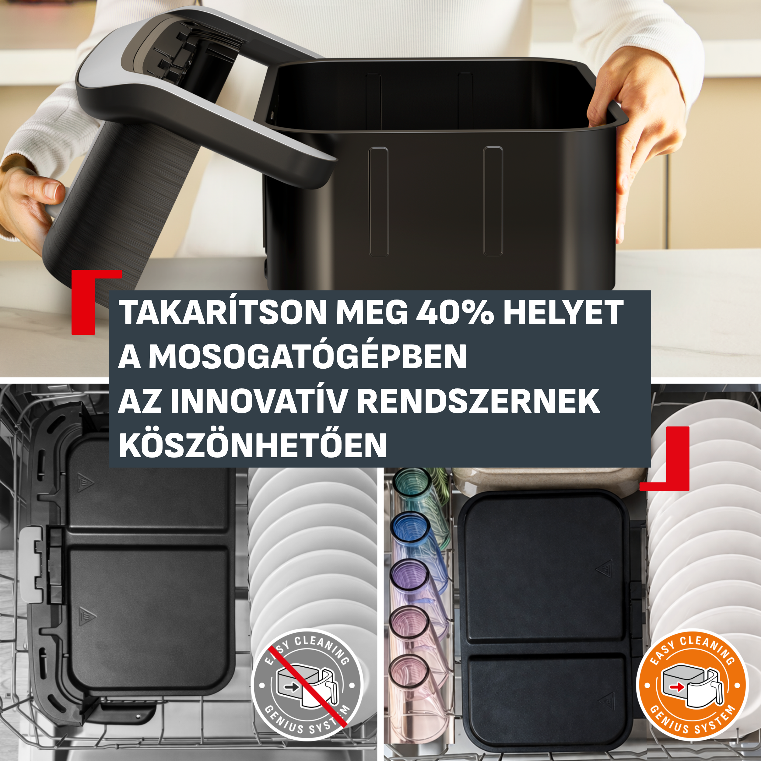 Egy nyitott fekete air fryer látható felül, alul pedig a mosogatógépbe való helytakarékos elhelyezése.