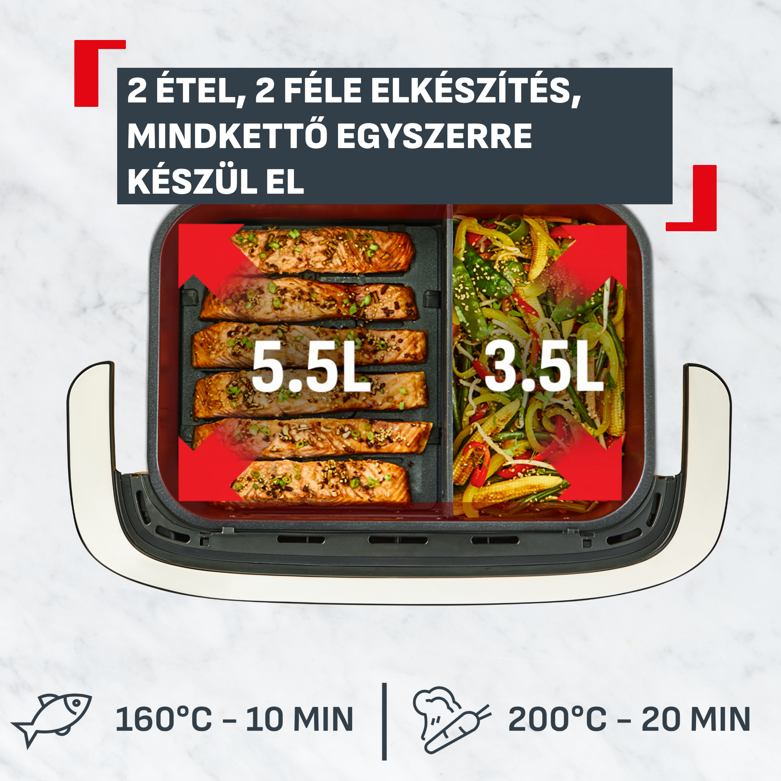 Kétrekeszes légsütő kosár: balra lazac 5,5L 160°C-on, jobbra zöldség 3,5L 200°C-on.