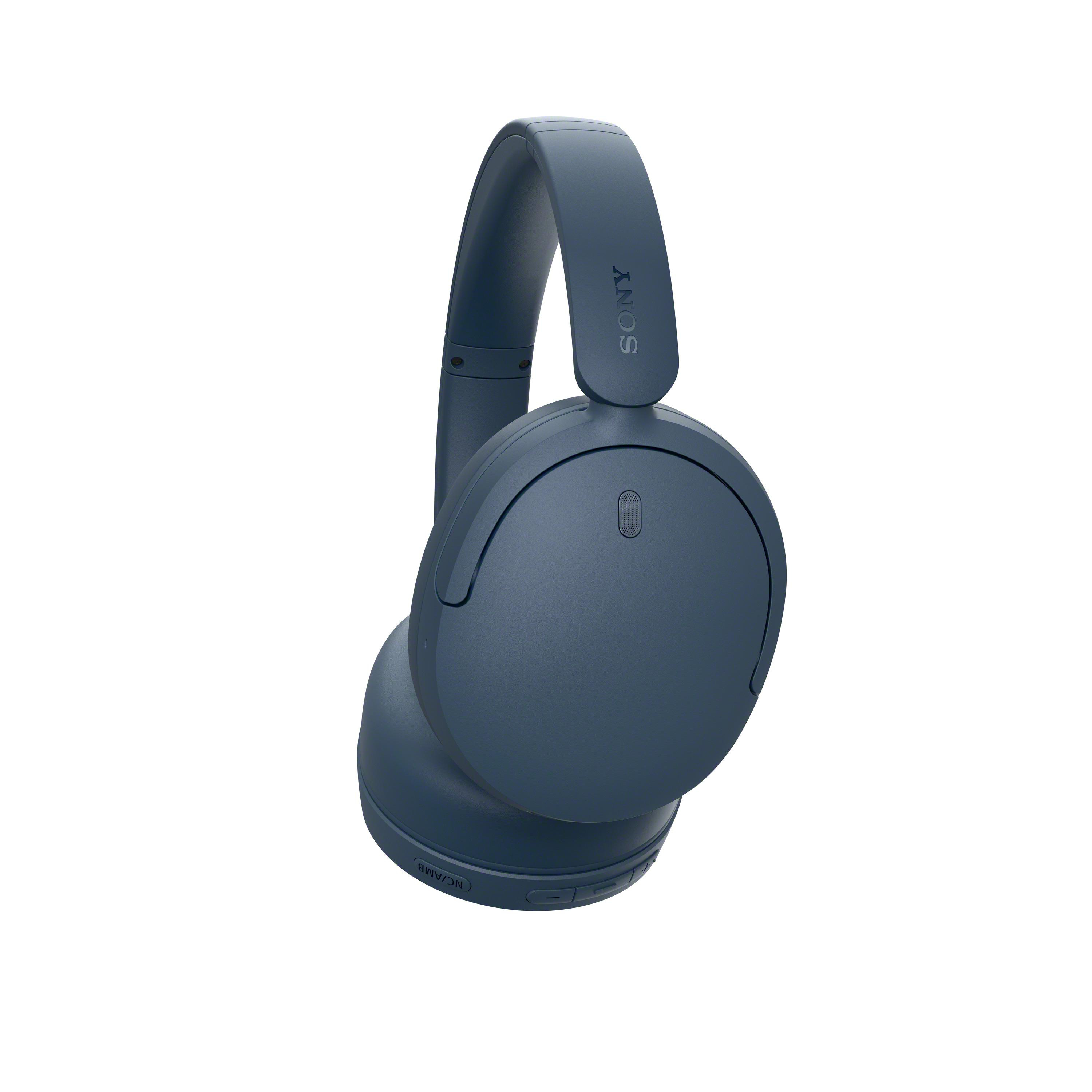 Blaue Sony Over-Ear-Kopfhörer vor weißem Hintergrund.