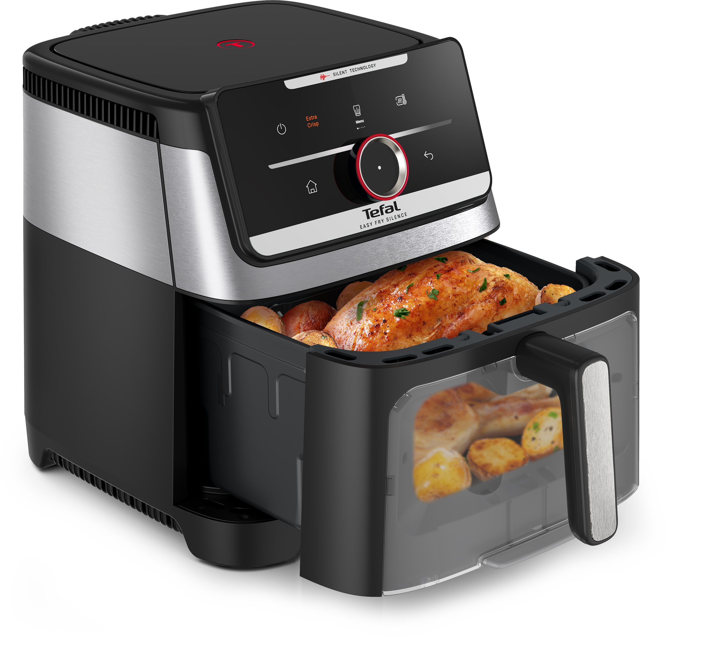 Tefal forrólevegős fritőz nyitott kosárral, sült csirkével és burgonyával fekete háttér előtt.