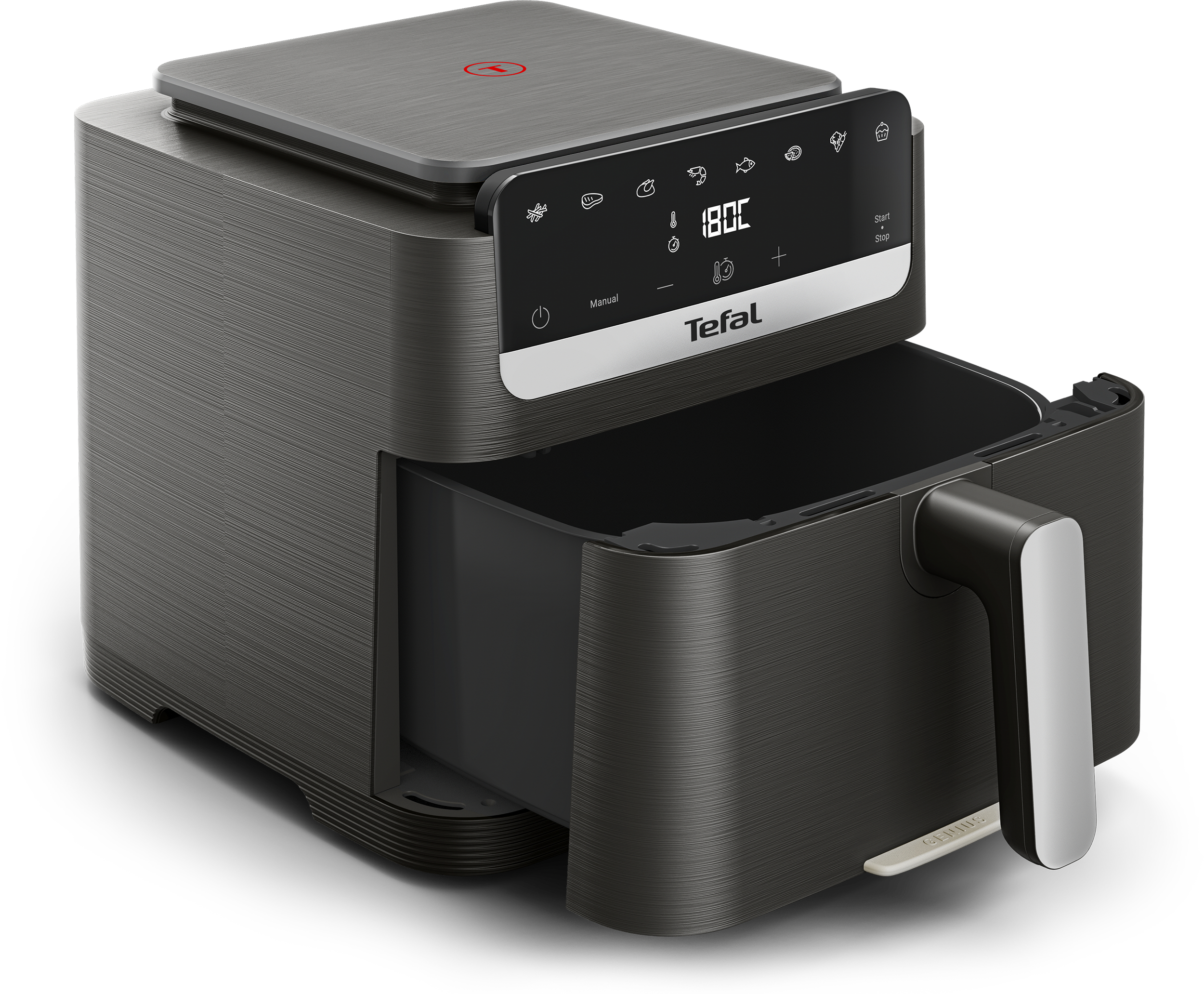 Sötétszürke Tefal olajmentes sütő nyitott kosárral és digitális kijelzővel fekete háttér előtt.