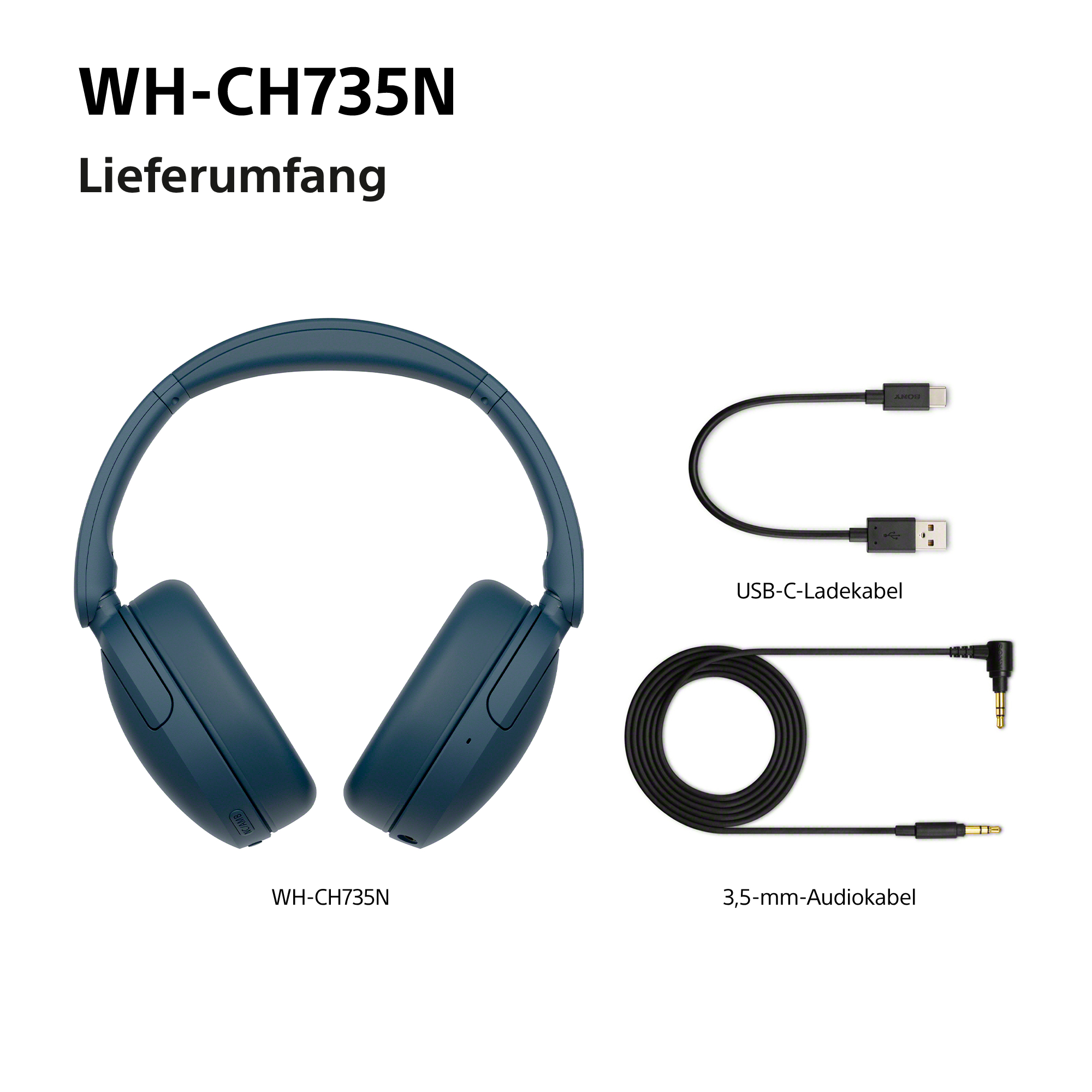 Blaue WH-CH735N Kopfhörer mit USB-C-Ladekabel und 3,5-mm-Audiokabel auf weißem Hintergrund.