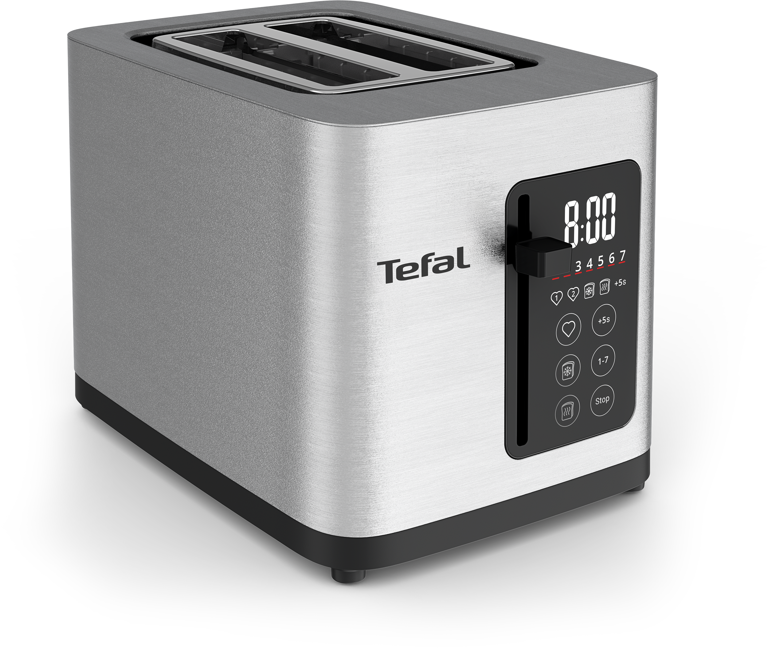 Egy ezüst színű Tefal kenyérpirító digitális kijelzővel és fekete vezérlőgombokkal fekete háttér előtt.