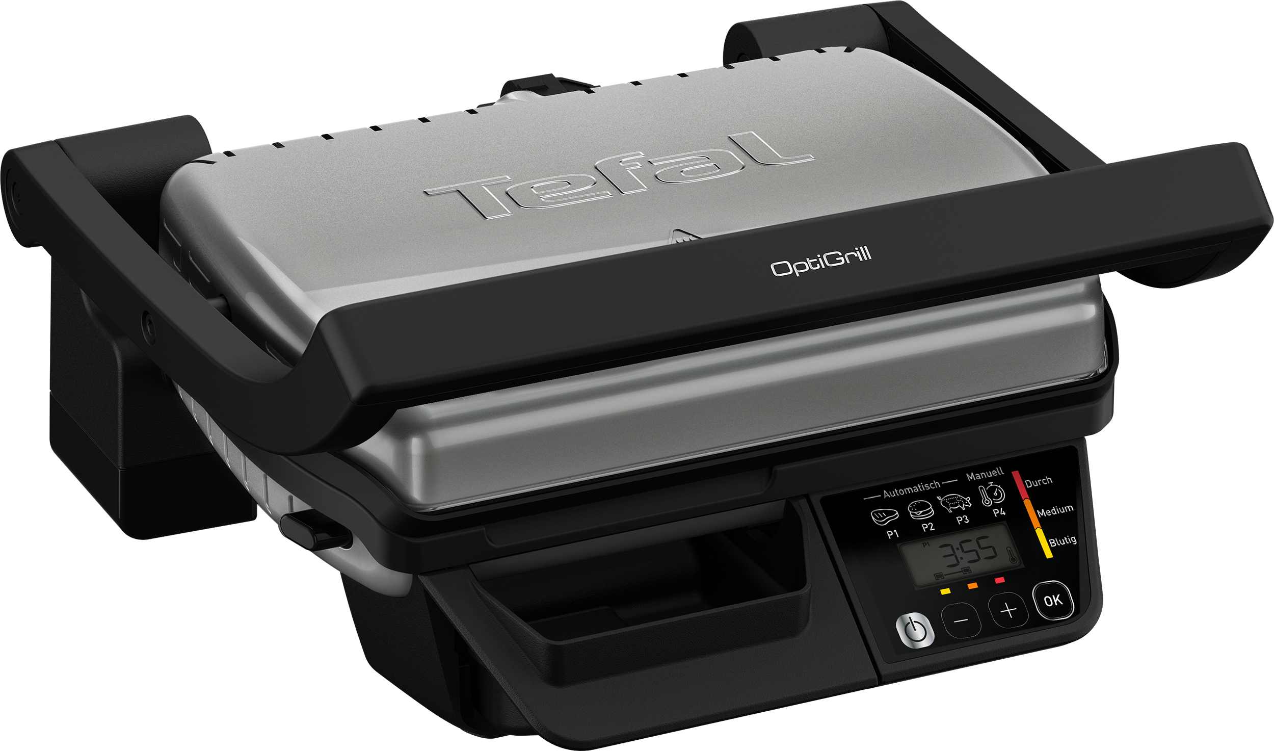 Tefal OptiGrill elektromos grill ezüst fedéllel, fekete fogantyúval és főzési módokat mutató kezelőpanellel.