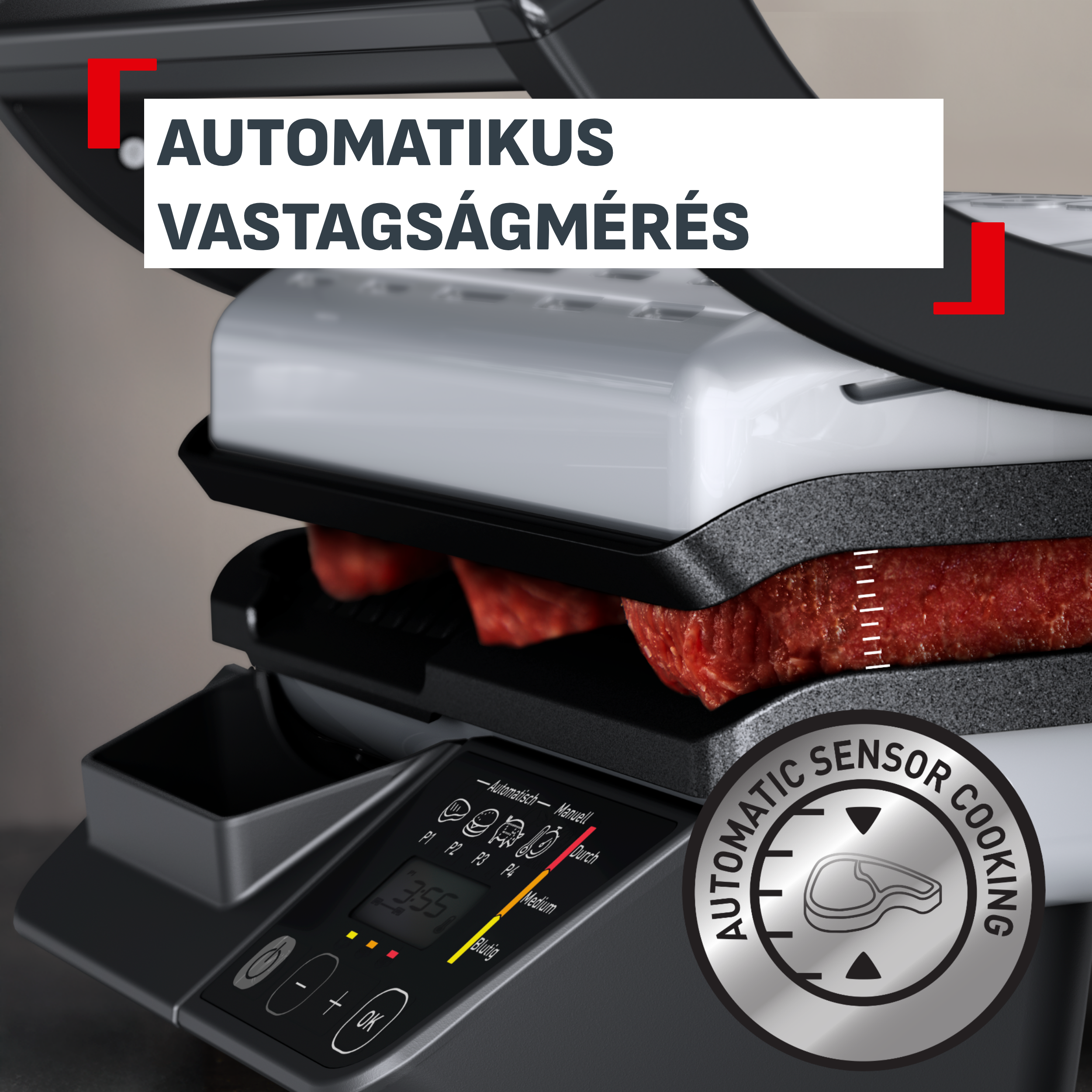 Automatikus érzékelős kontaktgrill, amely beállított vastagságúra süti a steakeket.