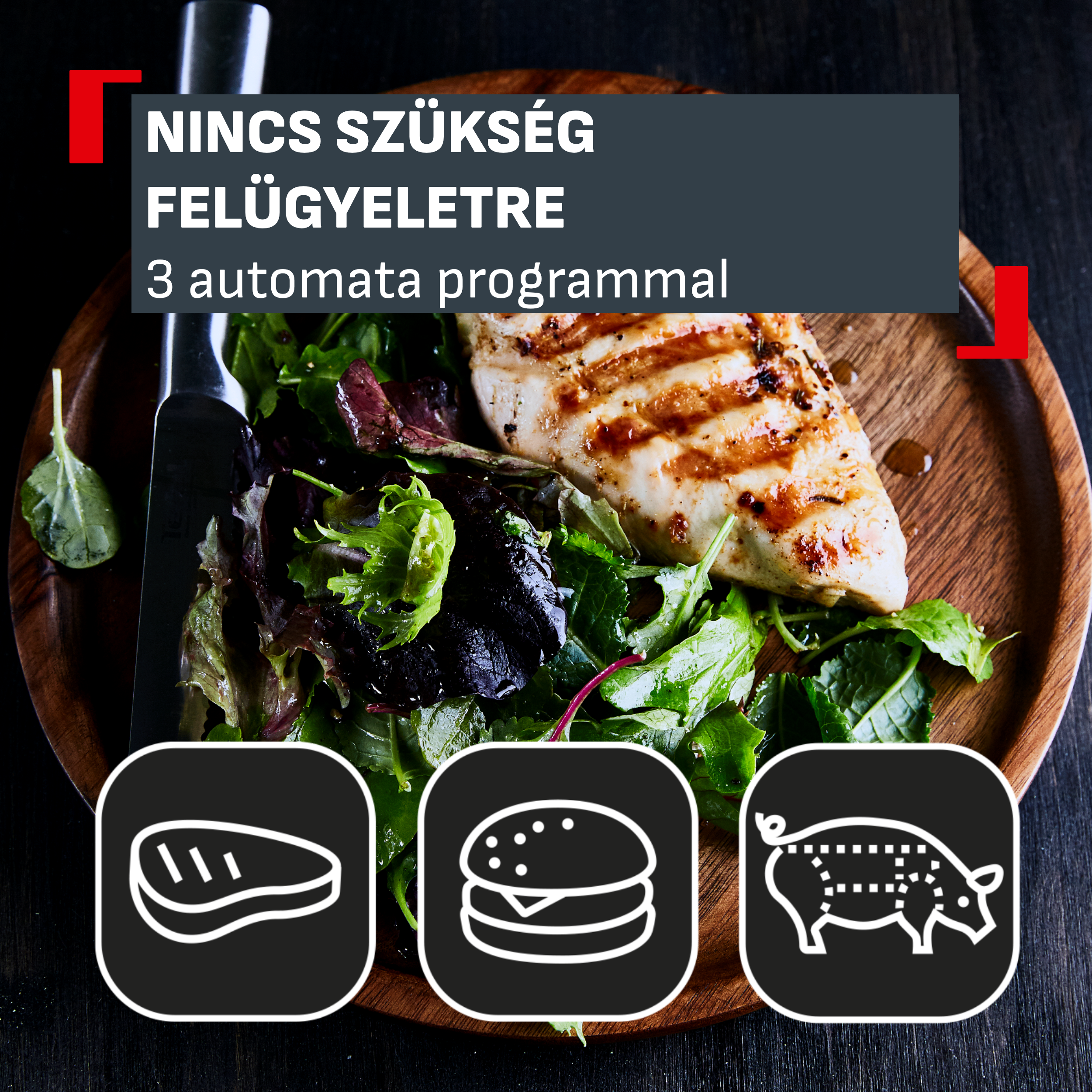Grillezett csirkemell és saláta fatányéron szöveggel és ikonokkal.