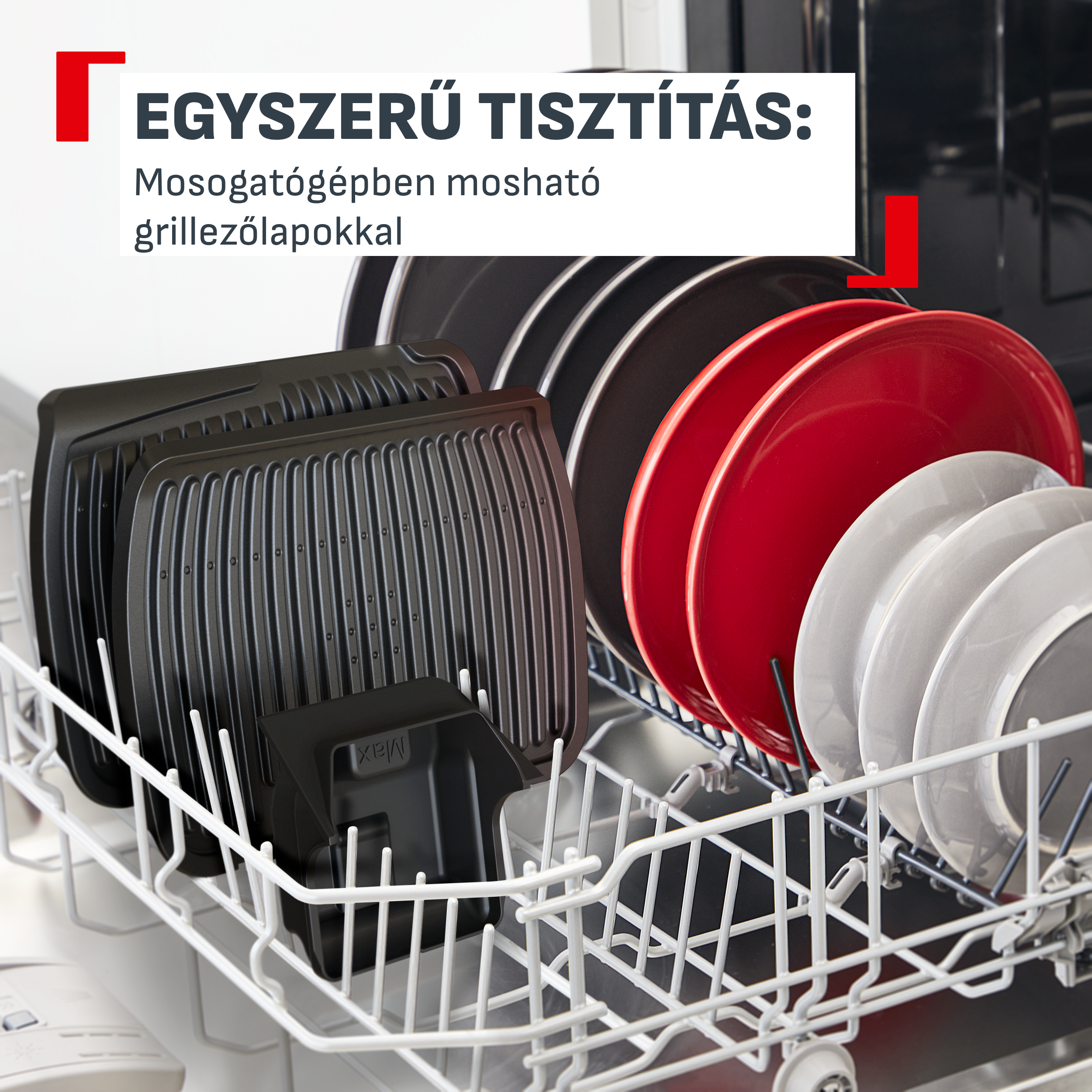 Mosogatógép fekete grilllapokkal és színes tányérokkal, felül magyar szöveggel.