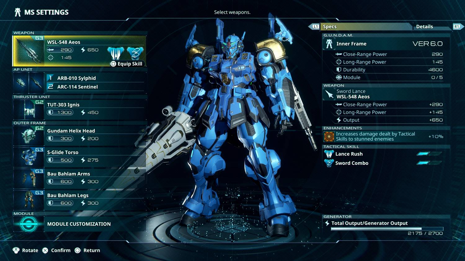 Un robot azul en un menú de videojuego con estadísticas de armas y armaduras.