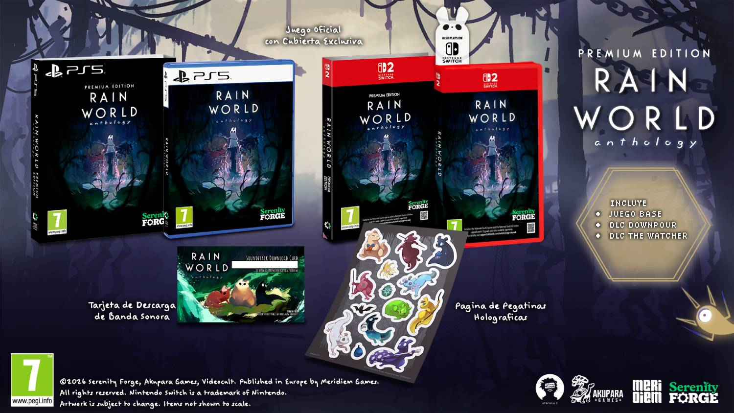 Rain World Anthology Edición Premium incluye juegos para PS5 y Switch, tarjeta de banda sonora y pegatinas.