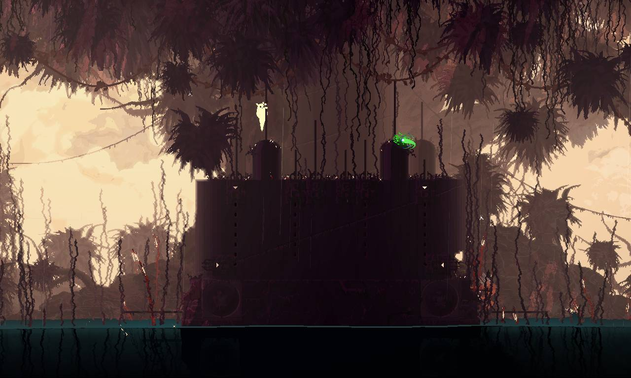 Una escena de videojuego pixelada que muestra una estructura industrial oscura en el agua bajo vegetación.