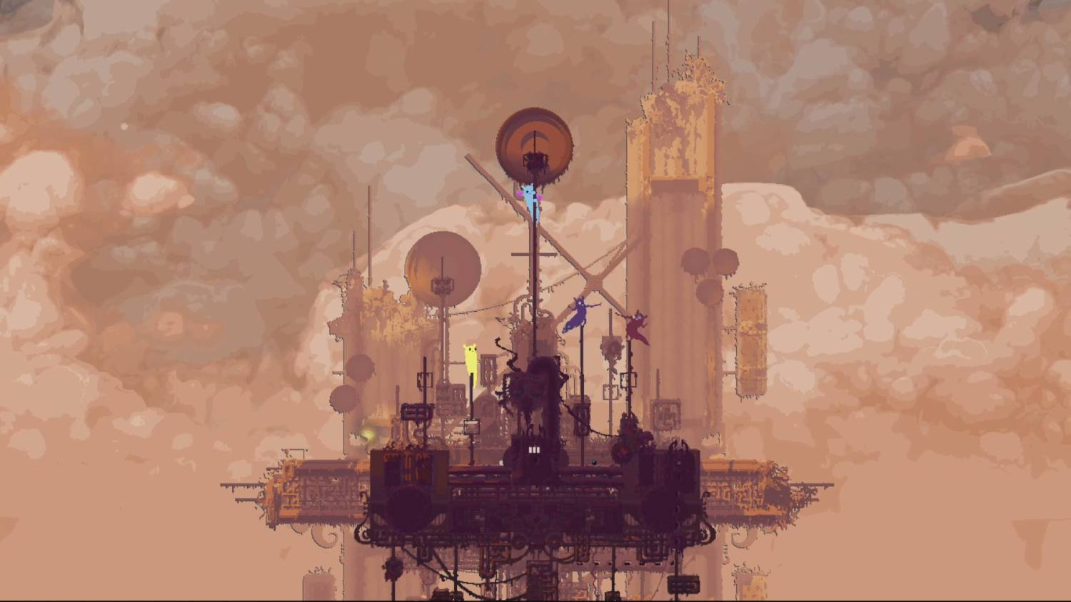 Una instalación industrial pixelada contra un cielo nublado ocre, con pequeñas figuras en plataformas.