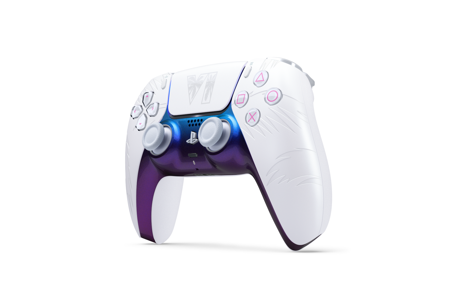 Un mando de PlayStation 5 blanco y morado con un logotipo VI en el panel táctil sobre fondo negro.