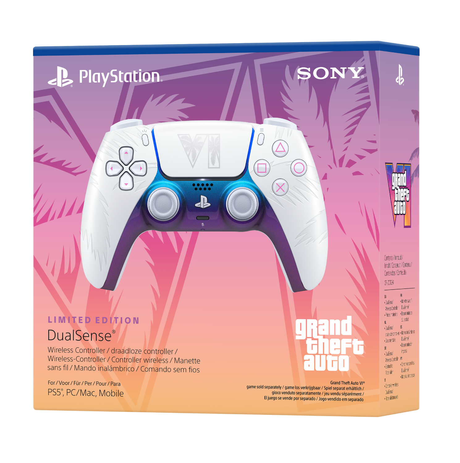 Caja del mando inalambrico DualSense de edicion limitada GTA VI en blanco, azul y violeta con fondo de palmeras rosas.