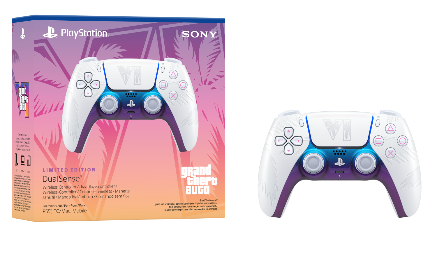 Caja del mando inalambrico DualSense de edicion limitada de Grand Theft Auto VI con un mando blanco y morado.
