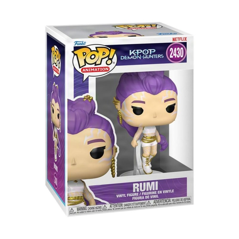 Figura Funko Pop! de Rumi de KPop: Demon Hunters con cabello morado en caja.