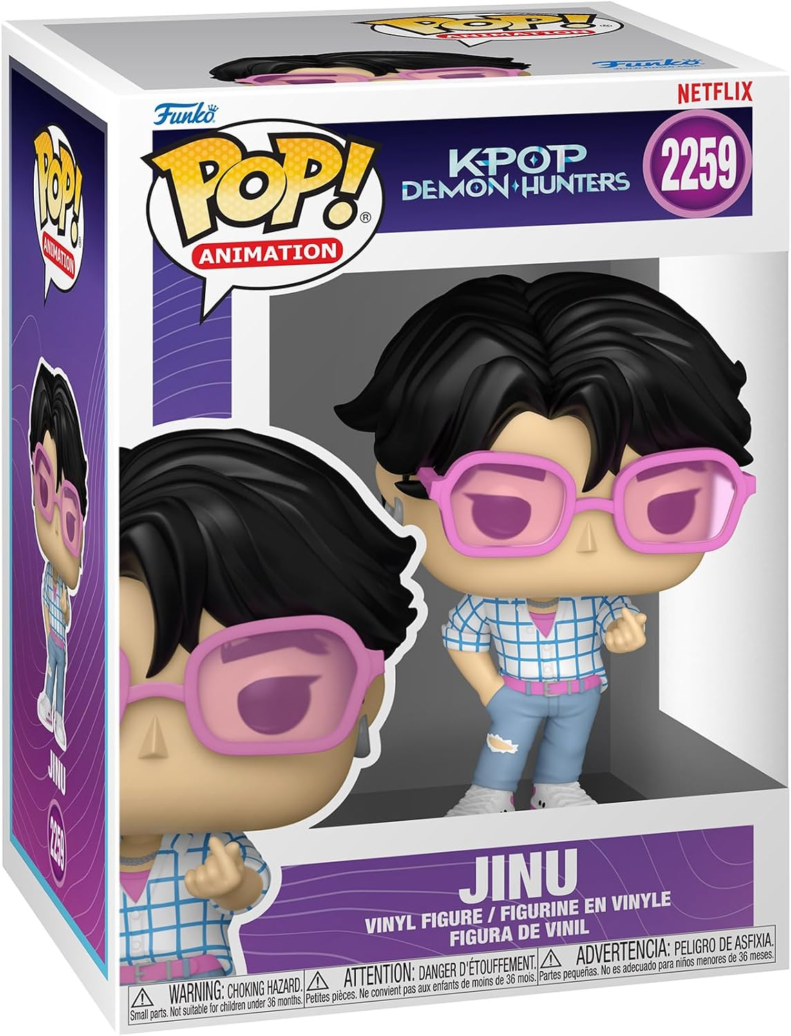 Figura de vinilo Funko Pop de Jinu de Kpop Demon Hunters en caja, con gafas rosas y camisa a cuadros.