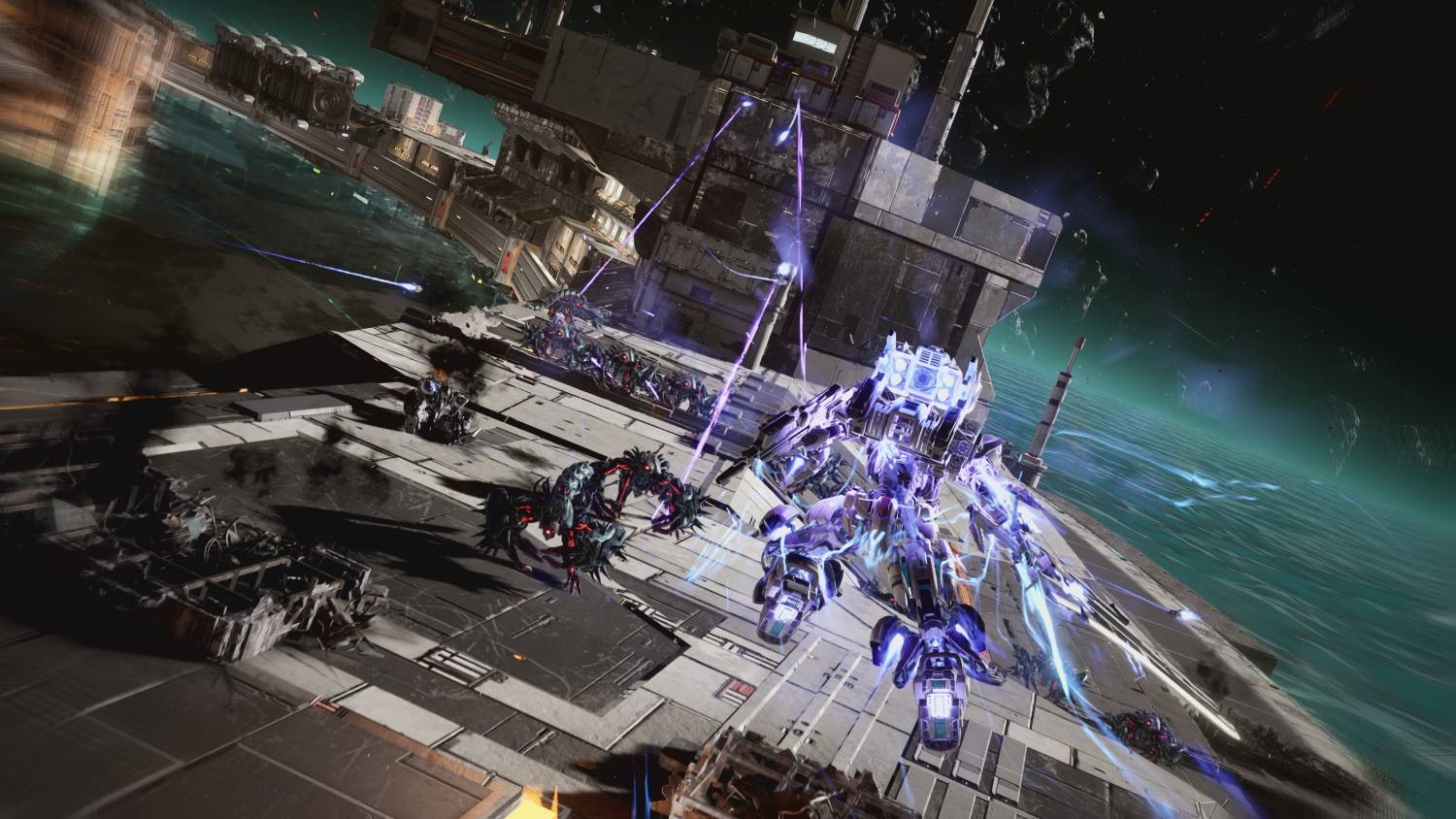 Un meca robótico brillante lucha contra enemigos araña en una plataforma futurista en el espacio.