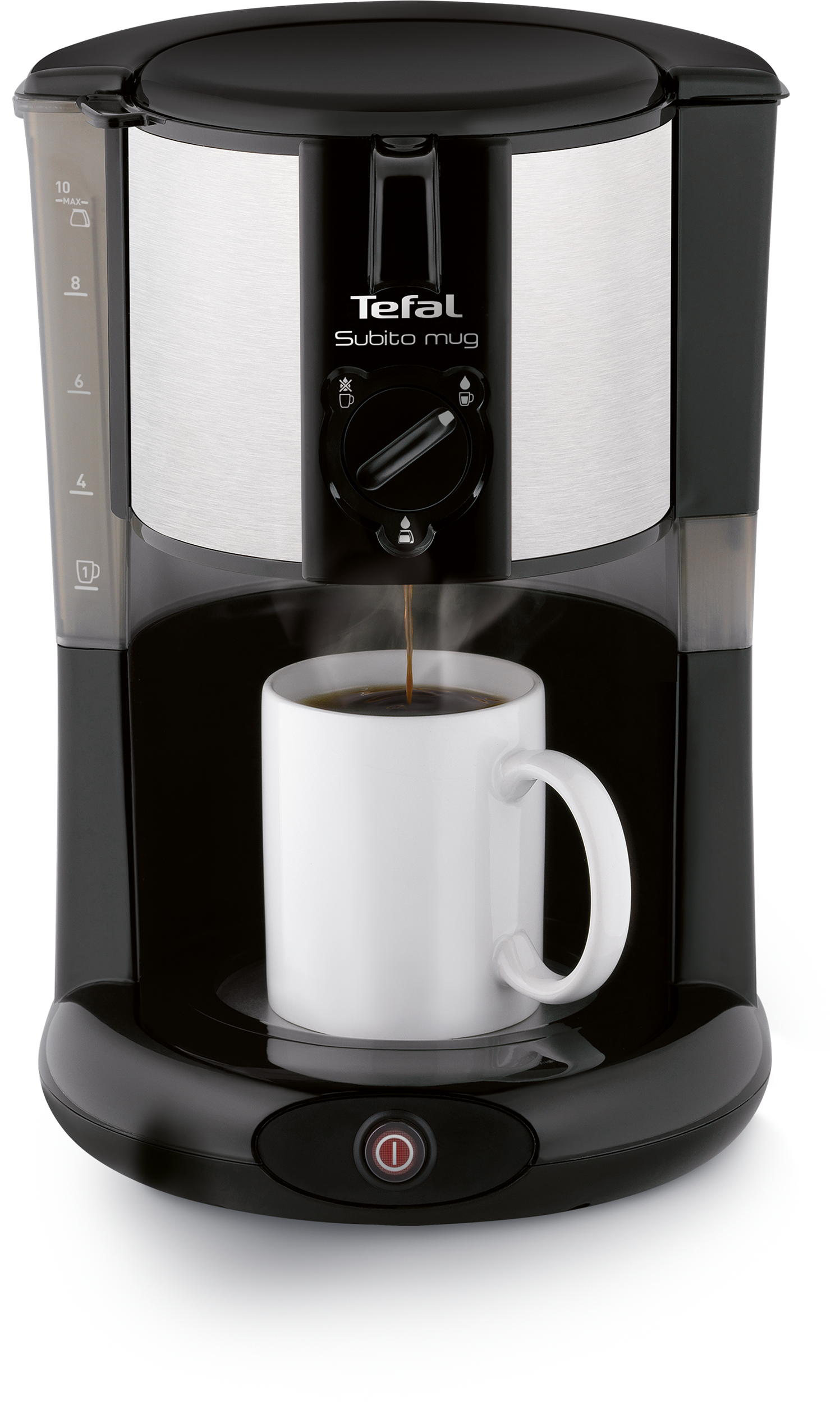 Egy fekete-ezüst Tefal Subito Mug kávéfőző kávét főz egy fehér bögrébe.