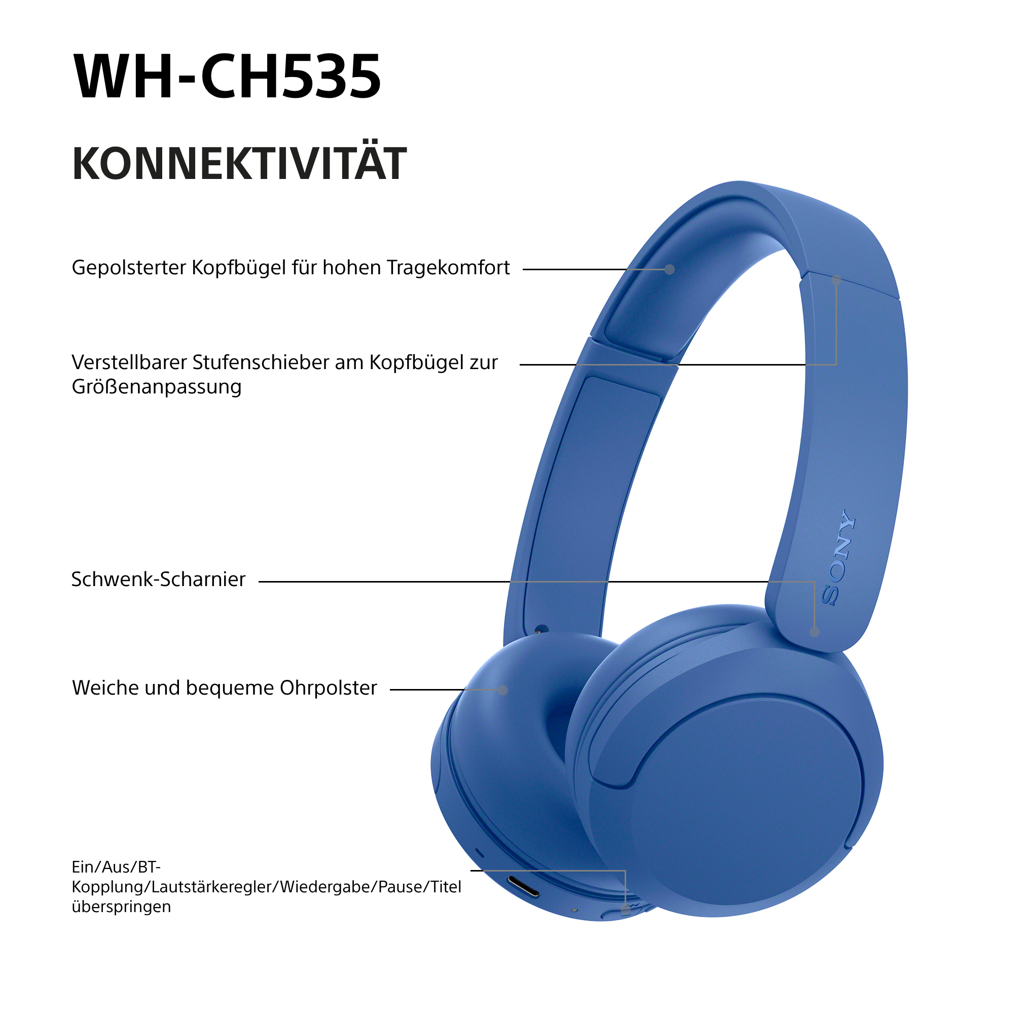 Blaue Sony WH-CH535 Kopfhörer mit Beschriftung der Funktionen und Teile in Deutsch.