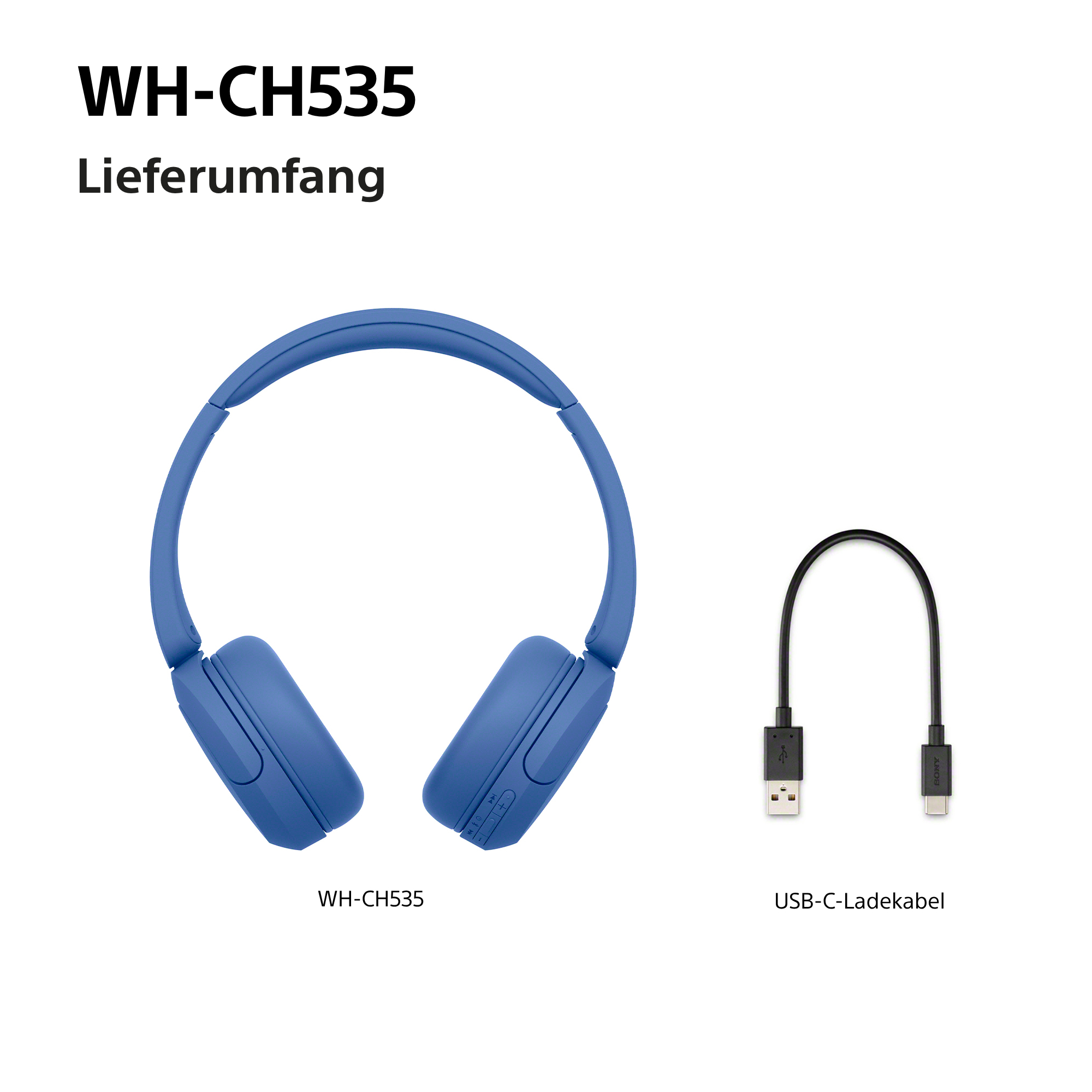 Blaue kabellose Kopfhörer und ein USB-C-Ladekabel.