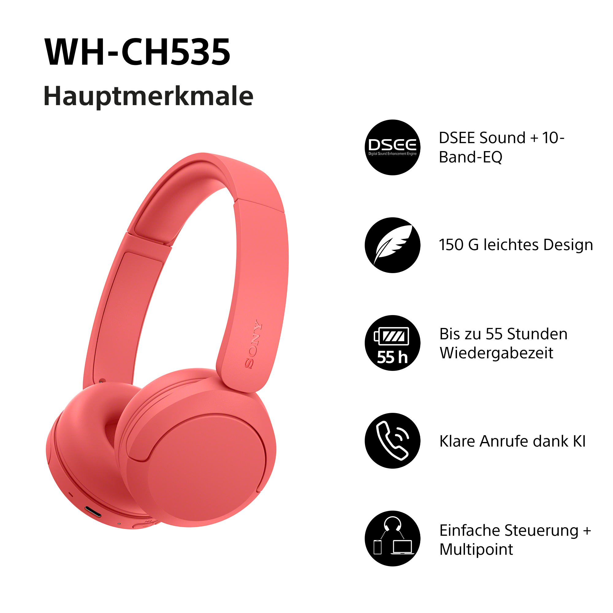 Rote Sony WH-CH535 Kopfhörer mit Produktmerkmalen auf weißem Hintergrund.