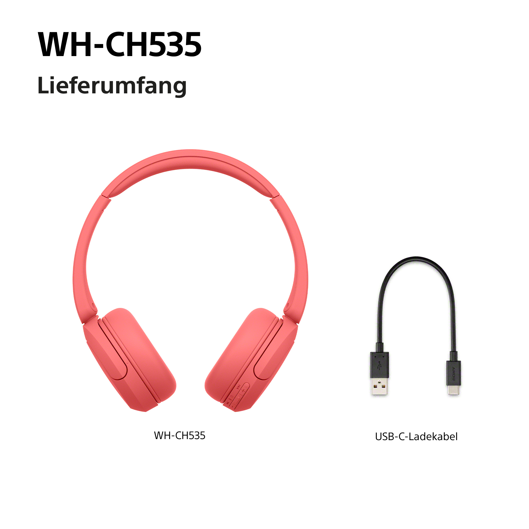 Rosa kabellose Kopfhörer WH-CH535 mit schwarzem USB-C-Ladekabel auf weißem Hintergrund.