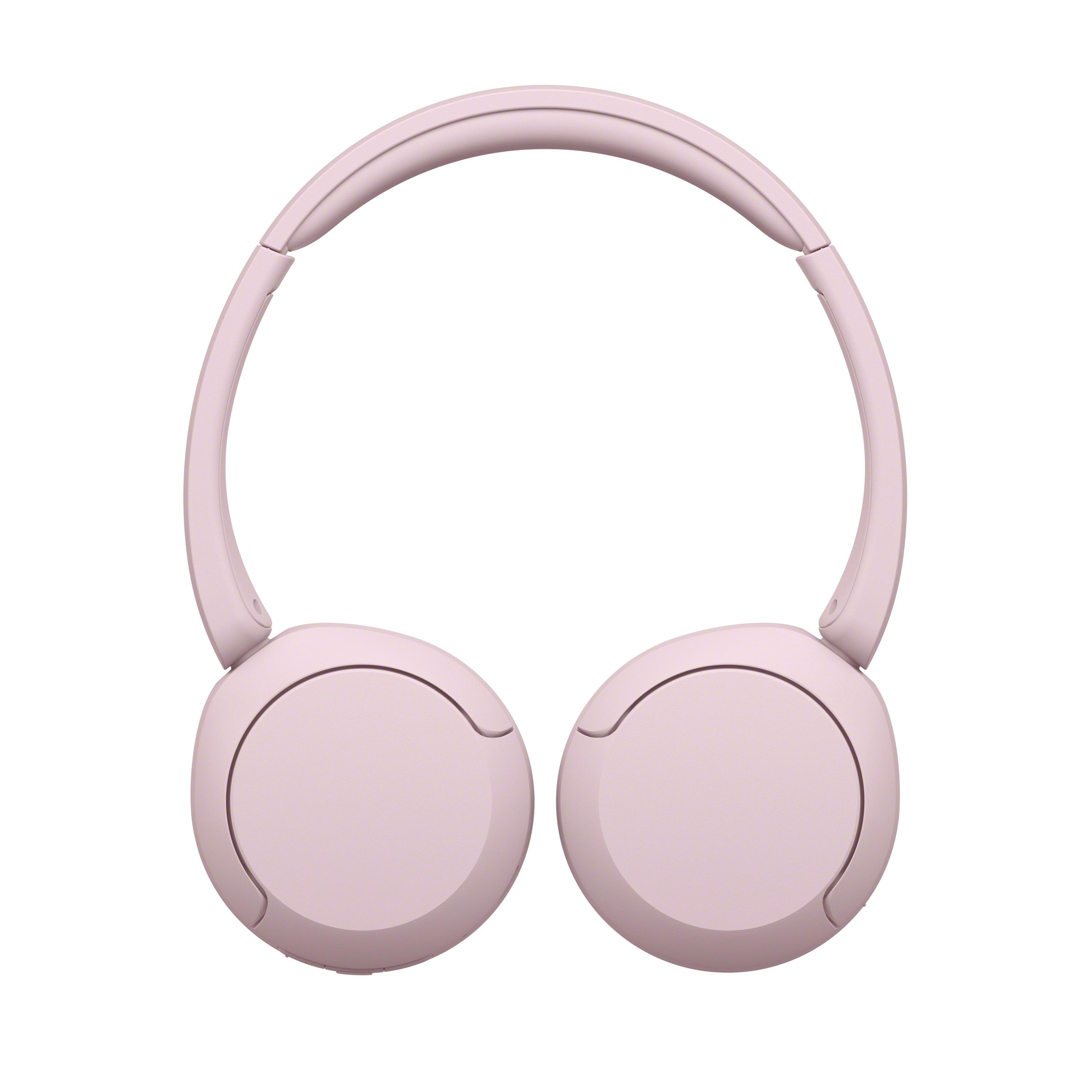Rosa kabellose On-Ear-Kopfhörer auf einem rein weißen Hintergrund.