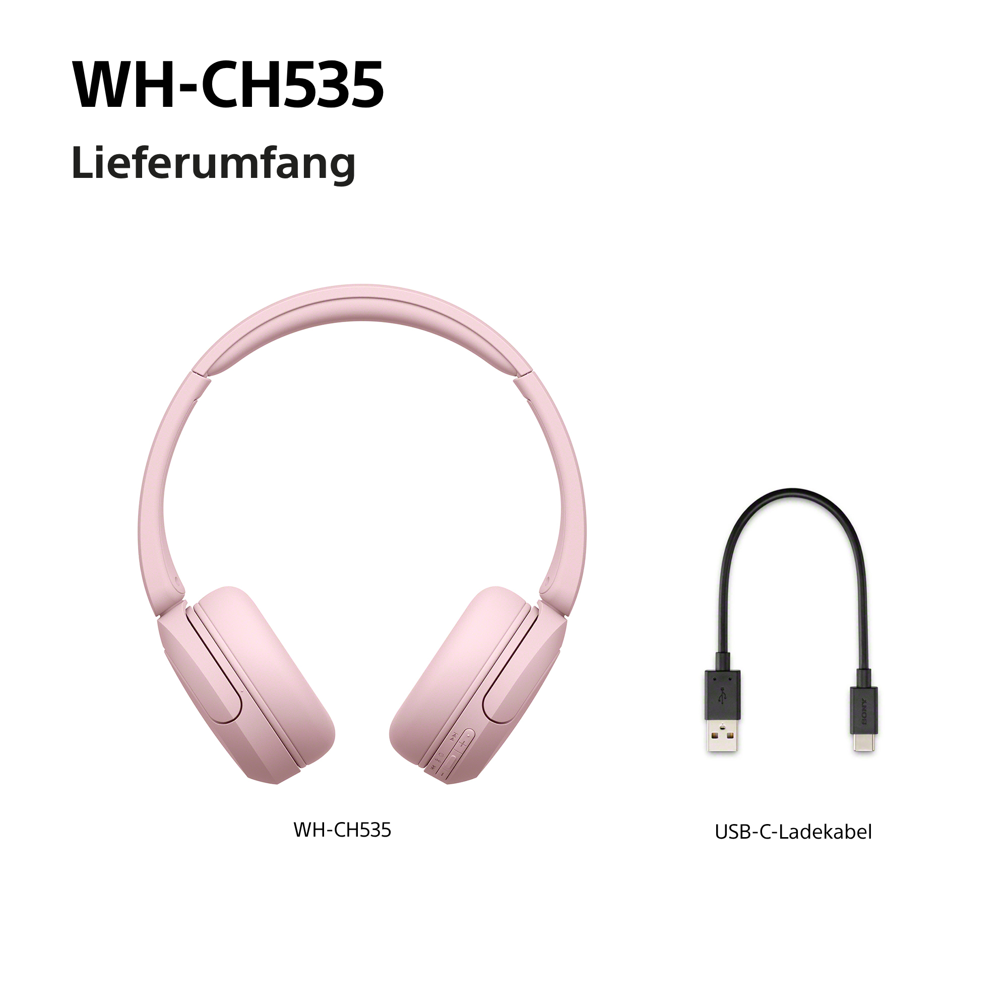Rosa WH-CH535 Kopfhörer und ein schwarzes USB-C-Ladezubehör auf weißem Hintergrund.