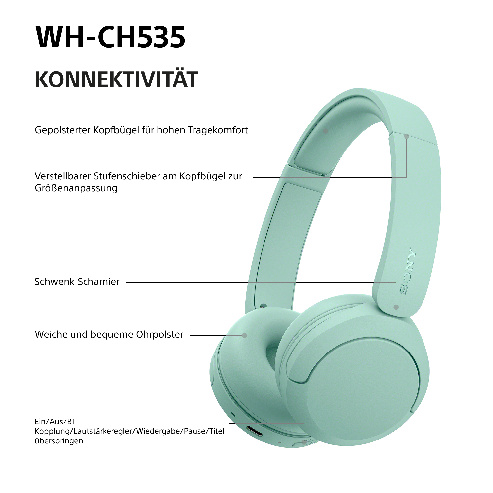 Hellgrüne Sony WH-CH535 On-Ear-Kopfhörer mit deutscher Beschriftung der Produktmerkmale und Konnektivität.