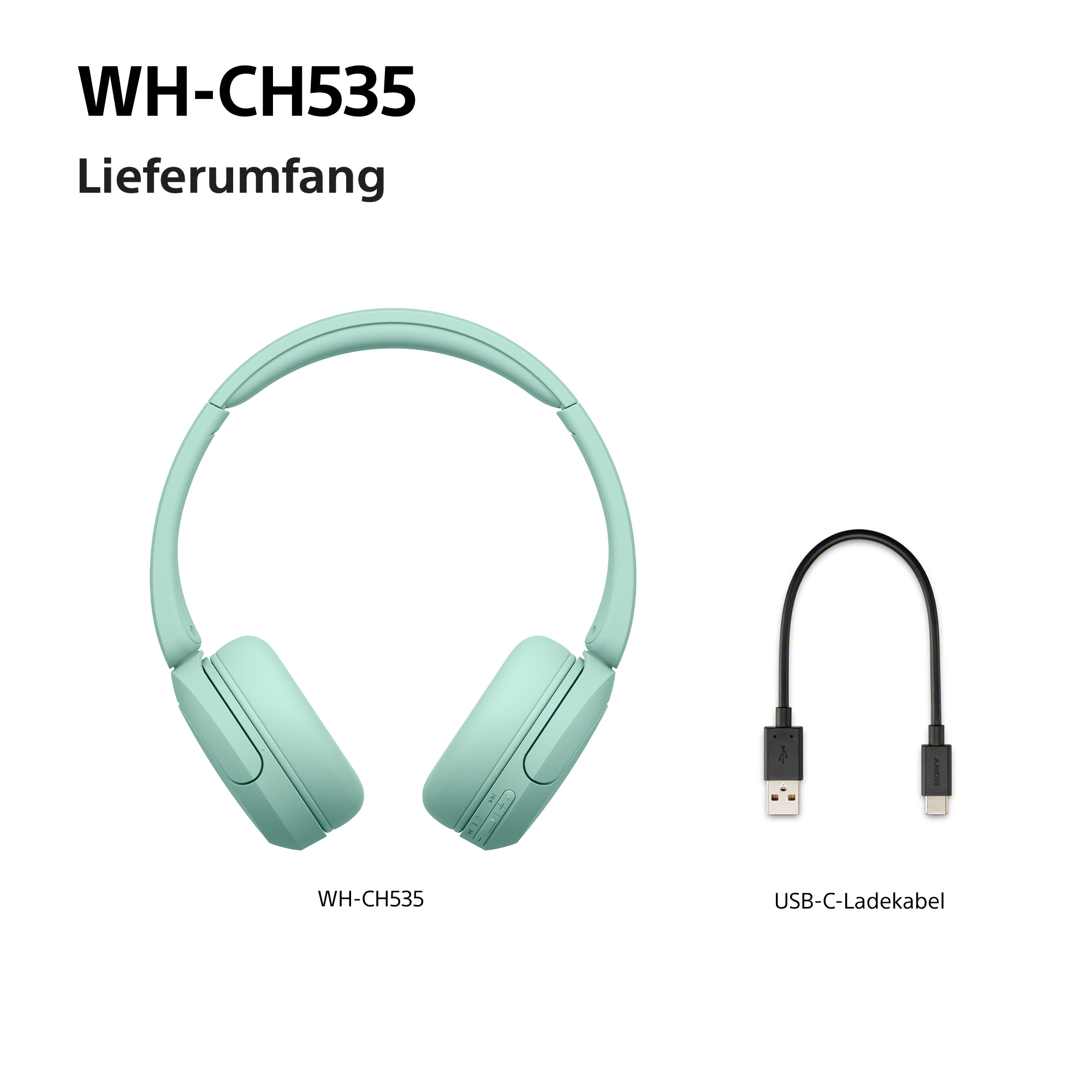 Grüne WH-CH535 Kopfhörer mit einem USB-C-Ladekabel auf weißem Hintergrund.