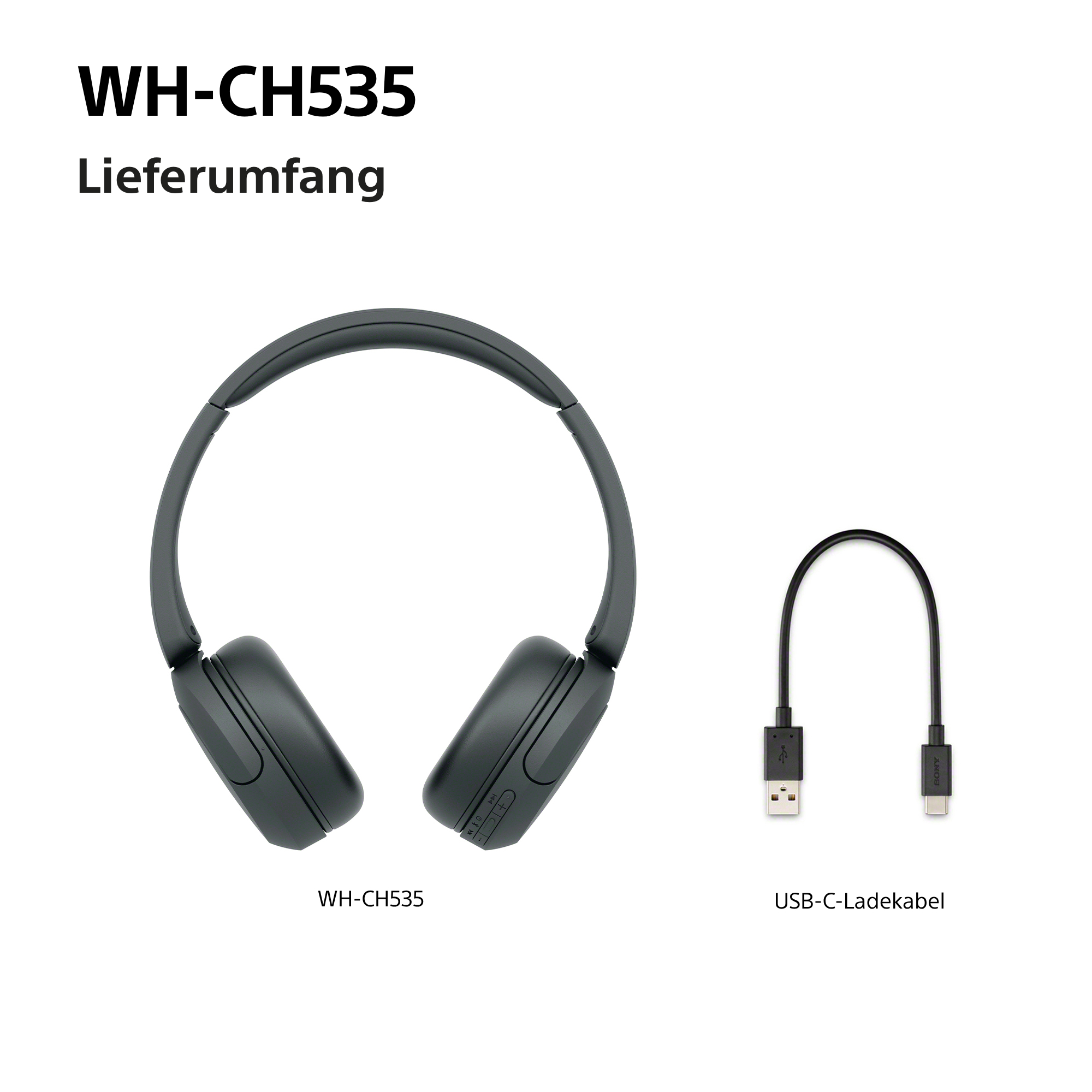 WH-CH535 Kopfhörer und USB-C-Ladekabel auf weiẞem Hintergrund.