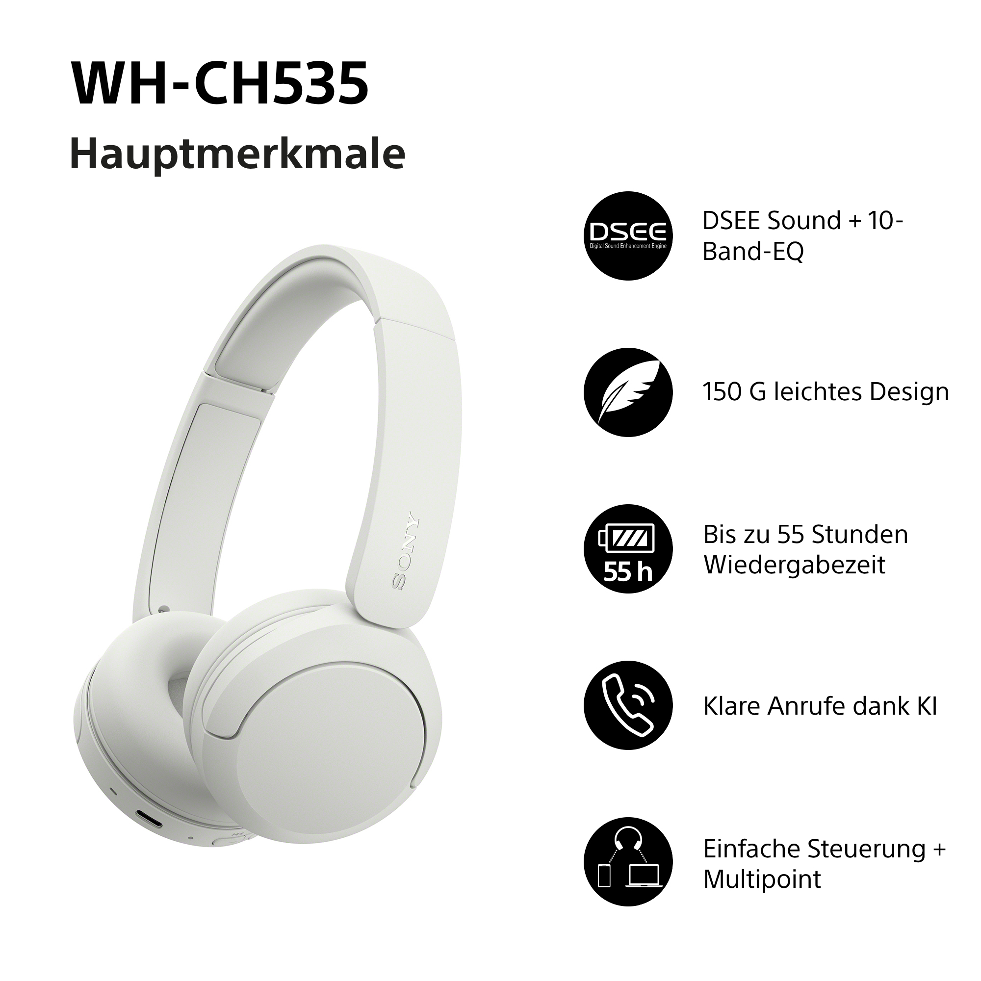 Weiße Sony WH-CH535 Kopfhörer links, mit fünf Funktionssymbolen und deutschem Text rechts.