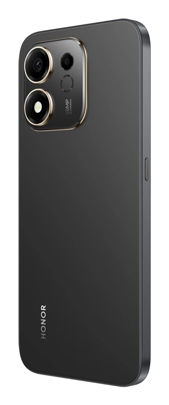Parte trasera de un smartphone Honor negro con doble cámara y el logotipo HONOR.