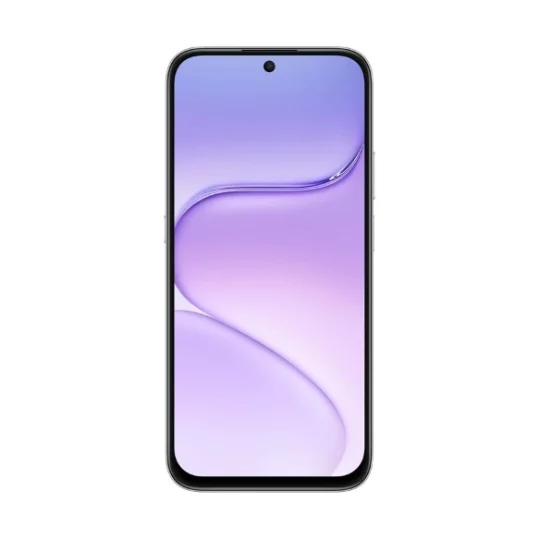 Un teléfono inteligente con un fondo de onda abstracto de color lila claro.