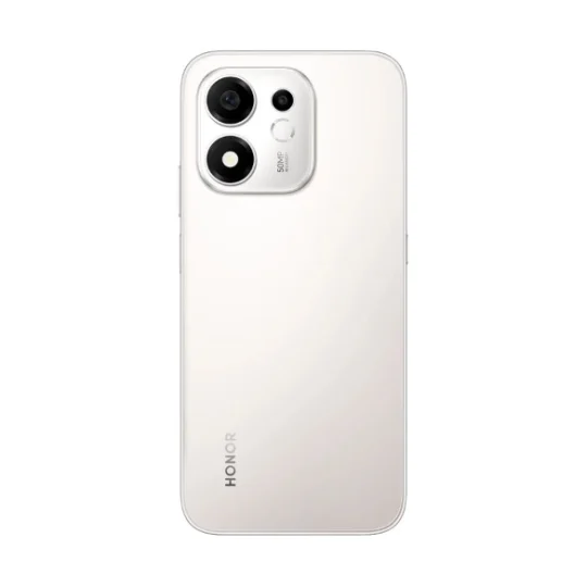 Parte trasera de un smartphone Honor blanco con dos cámaras verticales en la esquina superior izquierda y el logotipo.