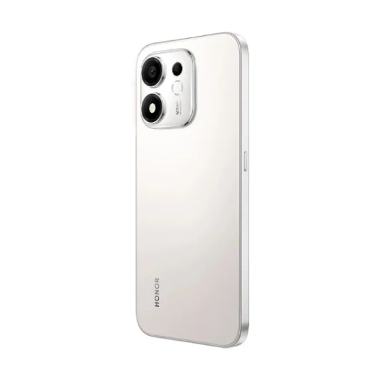 Parte trasera de un smartphone Honor plateado con doble cámara y logotipo sobre fondo blanco.