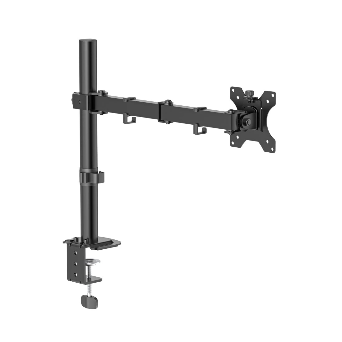 Un soporte de monitor negro para escritorio con poste vertical, brazo ajustable y soporte VESA.