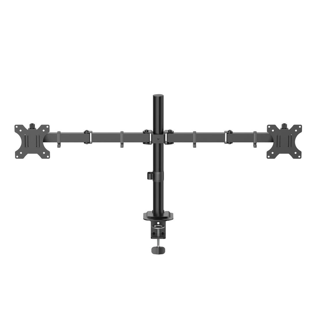 Un soporte de escritorio negro para dos monitores con poste vertical ajustable y dos brazos horizontales sobre fondo blanco.