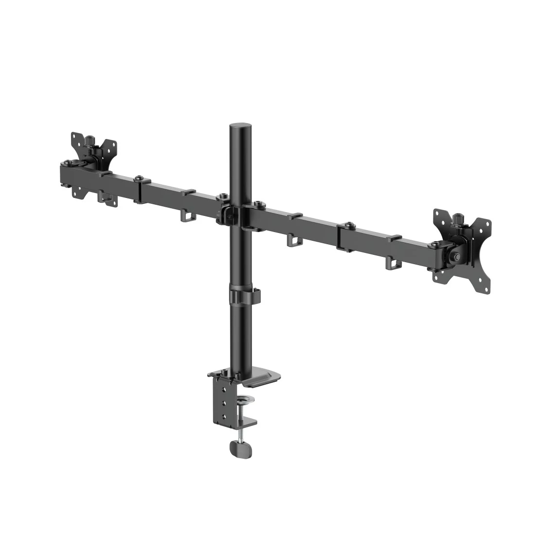Un soporte de escritorio negro para dos monitores con base de abrazadera y brazos ajustables.