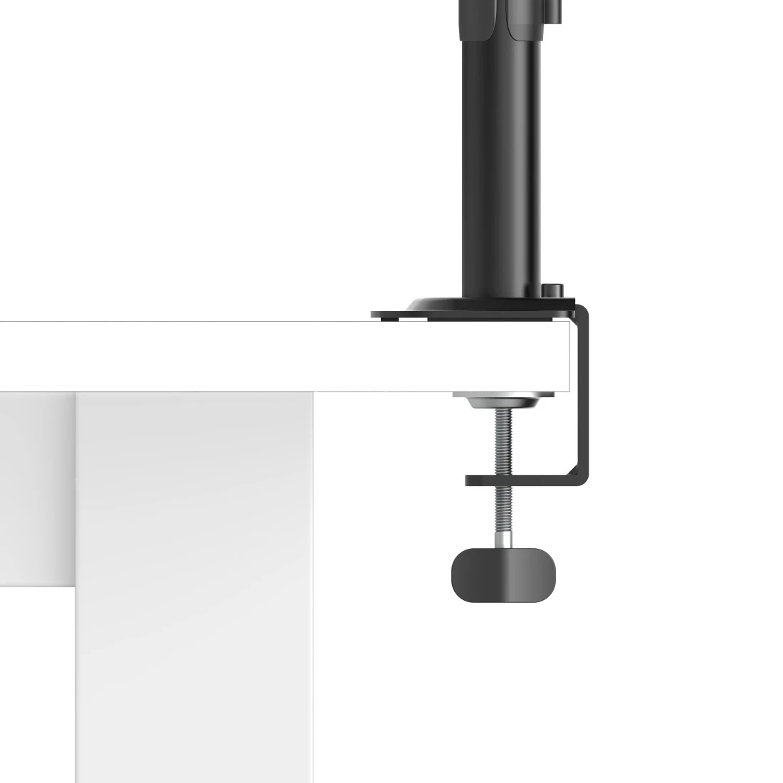 Un soporte de monitor negro con abrazadera de escritorio se fija a una mesa blanca.